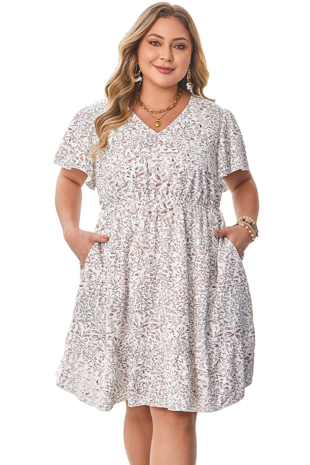 White Floral V Neck Ruffled Short Sleeve Plus Size Dress