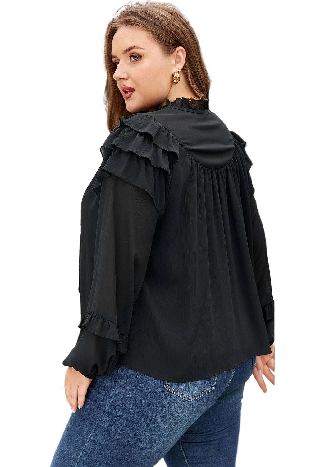 Black Ruffle Balloon Sleeve Chiffon Elegant Plus Size Shirt