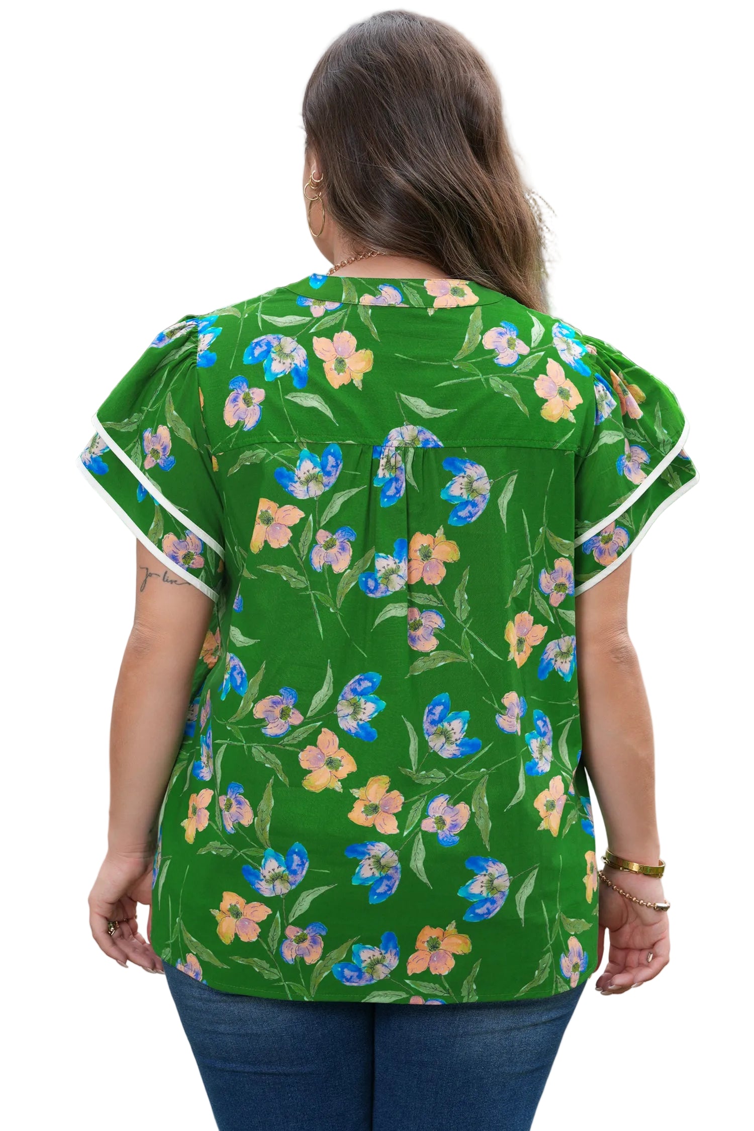 Green Plus Size Ruffled Short Sleeve Floral Top