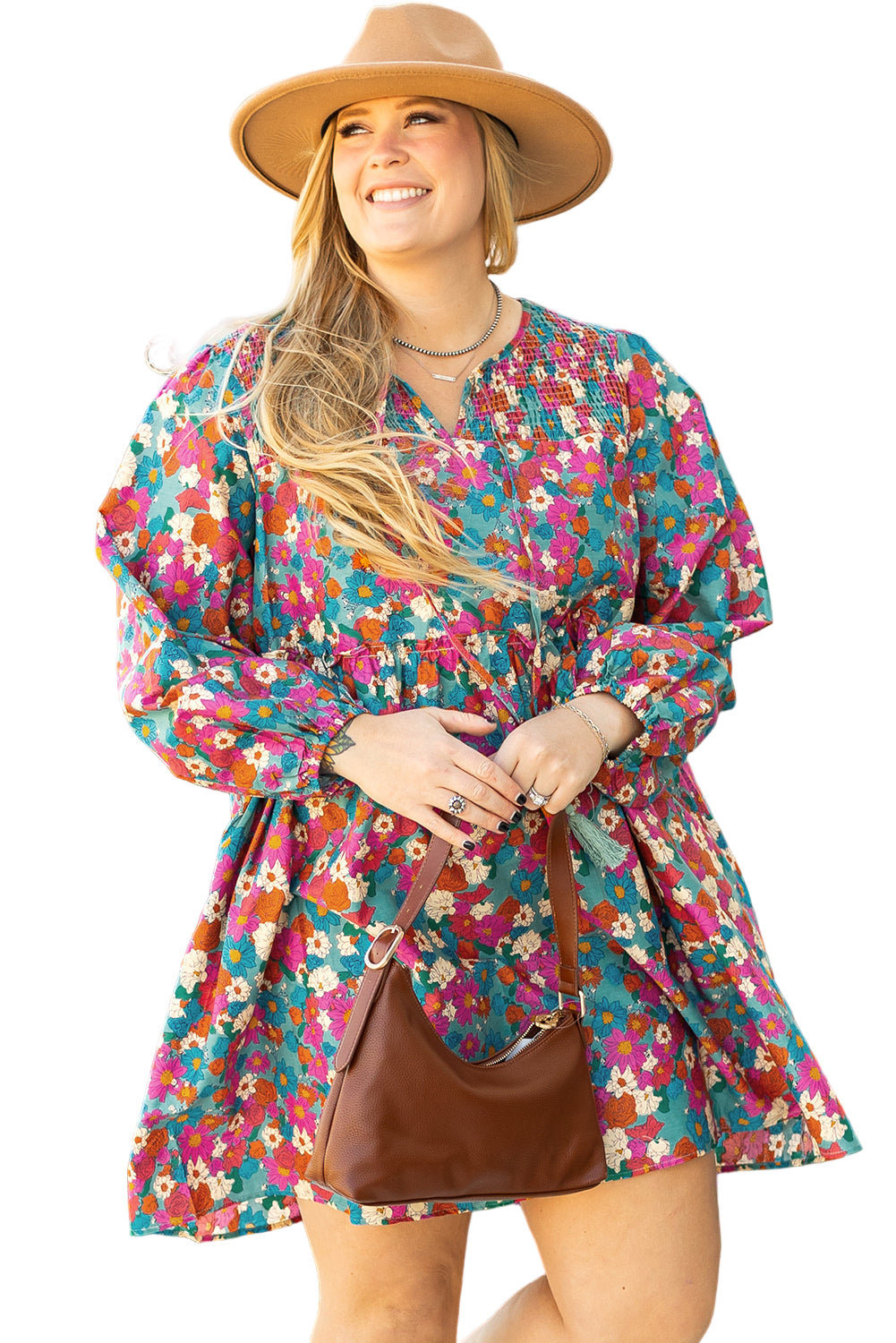 Sky Blue Plus Size Floral Print Shirred Ruffle Tiered Mini Dress