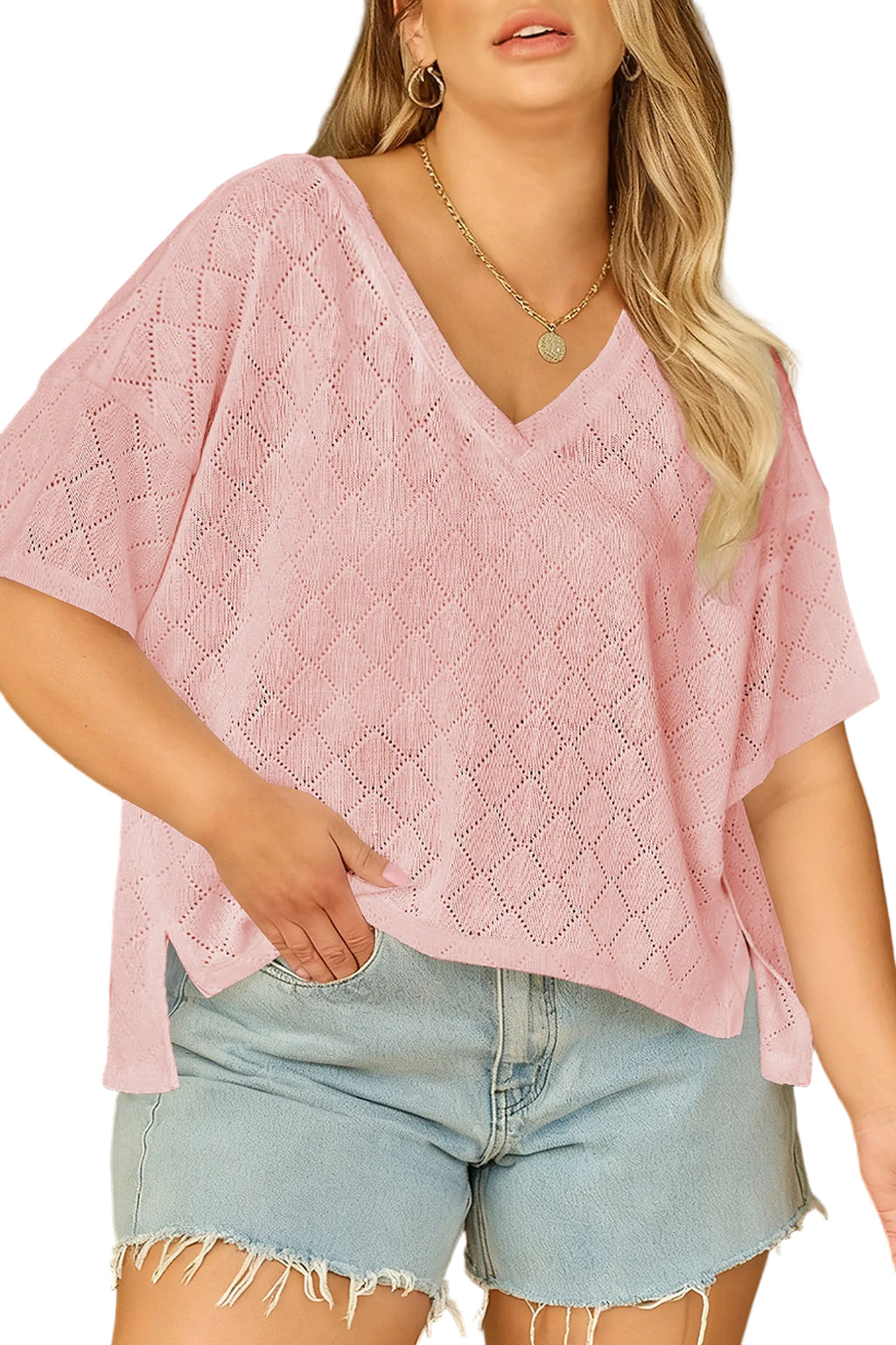 Light Pink Pointelle Rhombus Knit Plus Size V Neck Loose Top