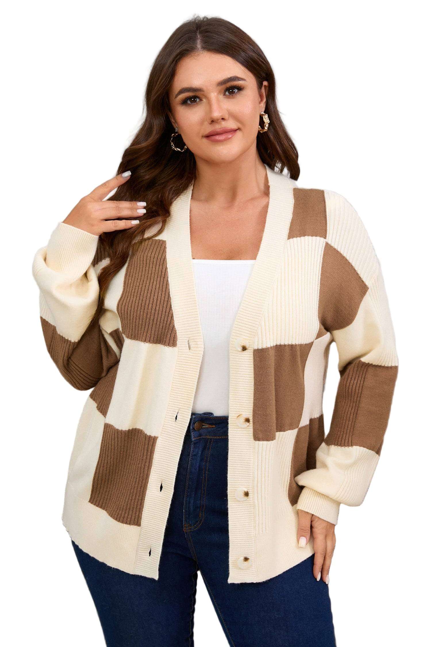 Khaki Checkered Ribbed Texture Knit Plus Size Cardigan Sweater