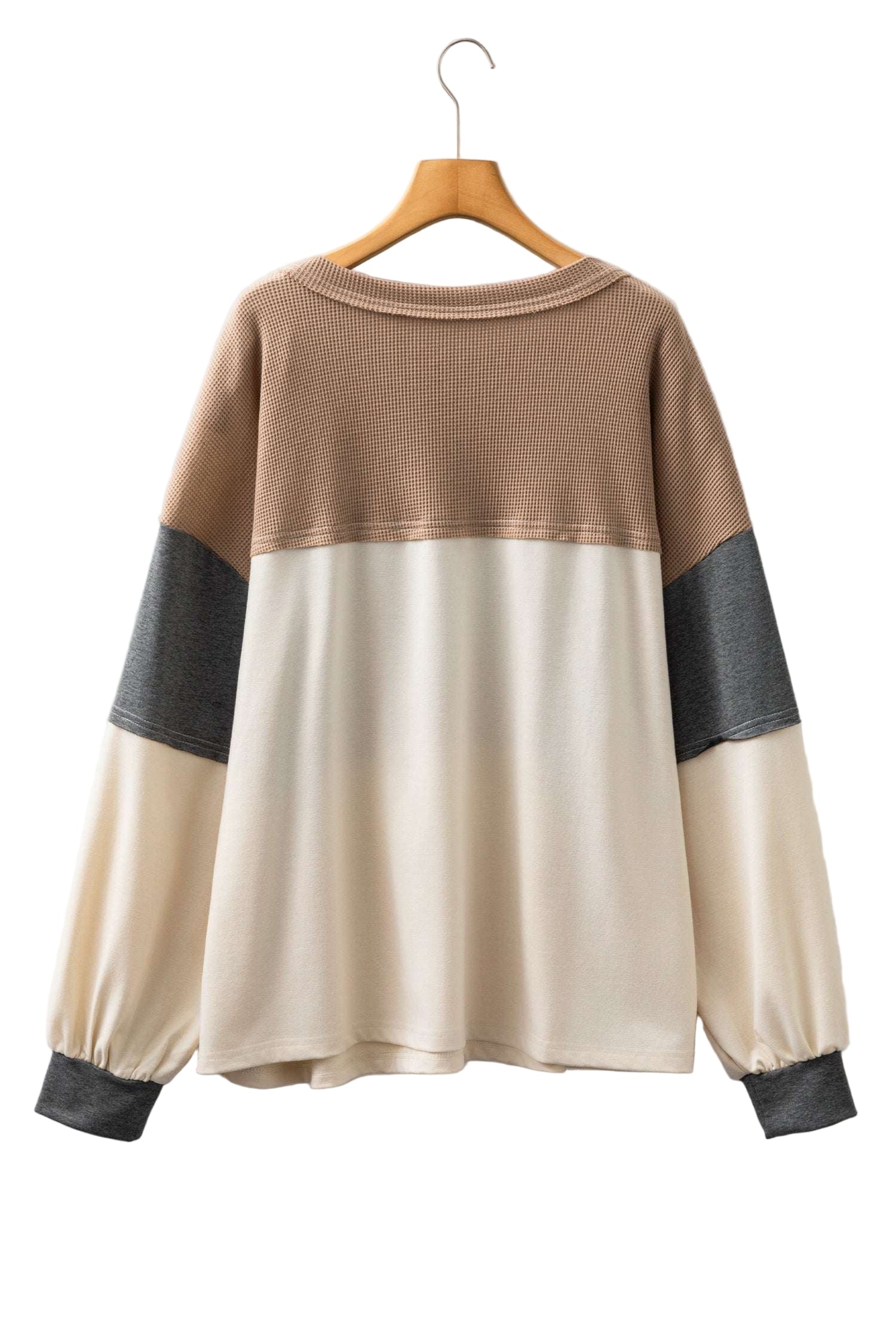 Jet Stream Waffle Patchwork Colorblock Half Buttons Casual Plus Size Knit Jumper