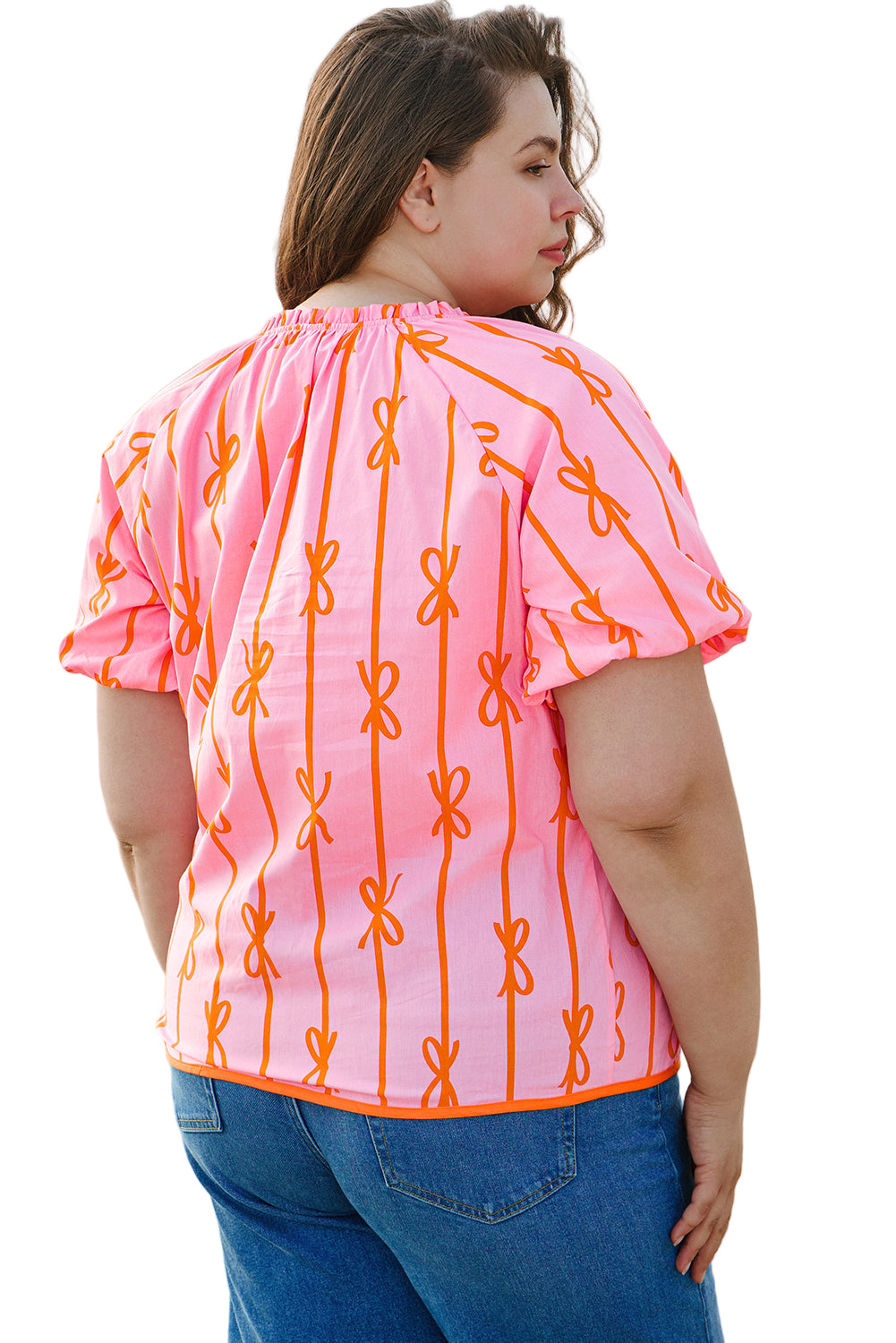 Rose Bowknot Print Shirred V Neck Puff Sleeve Plus Size Blouse