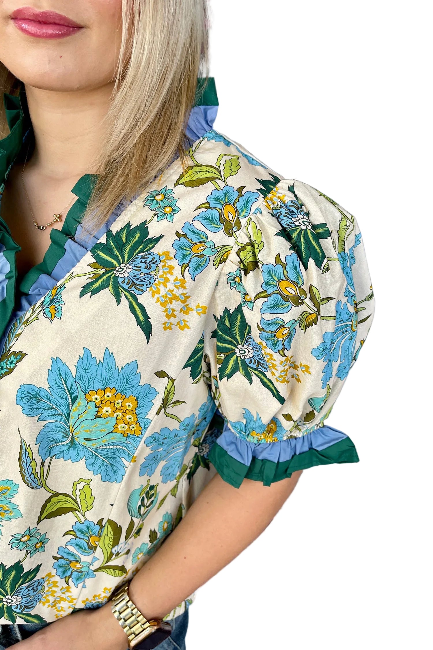 Sky Blue Plus Size Frilled V Neck Short Sleeve Floral Blouse