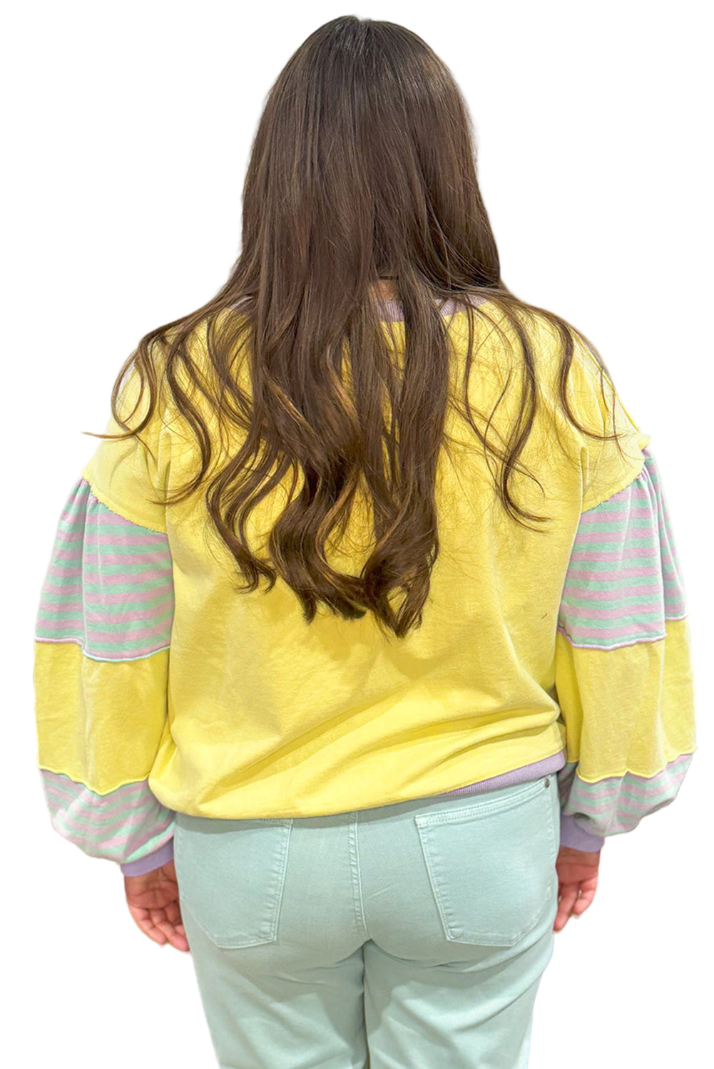 Yellow Striped Colorblock Patchwork Plus Size Pullover Sweatshirt