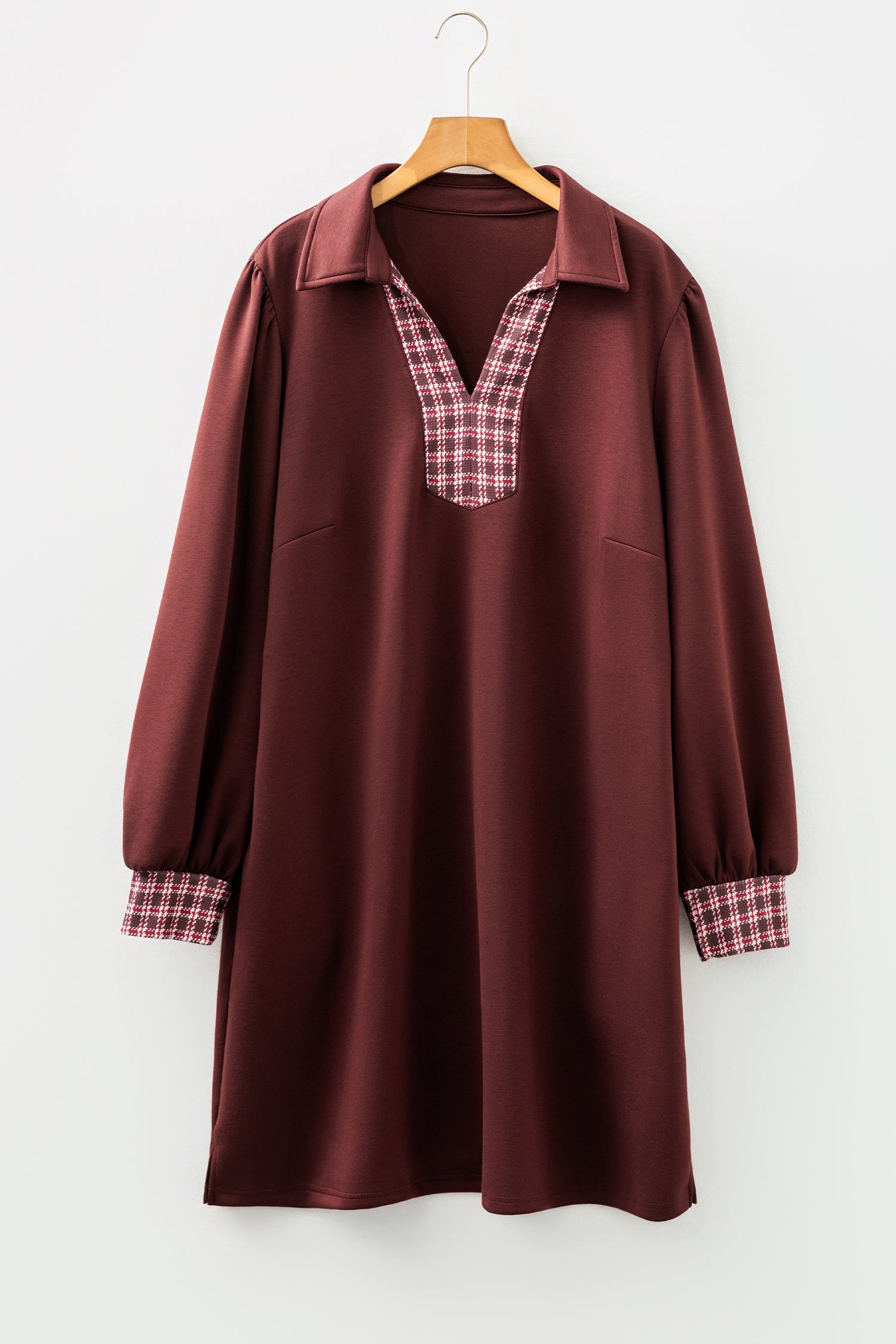 Coffee Contrast Plaid Trim Patchwork Collared Plus Size Shift Mini Dress