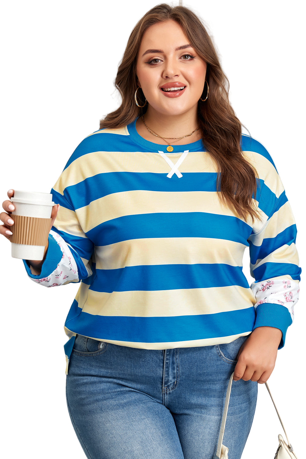 Blue Stripe Floral Color Block Drop Shoulder Plus Size Pullover Top