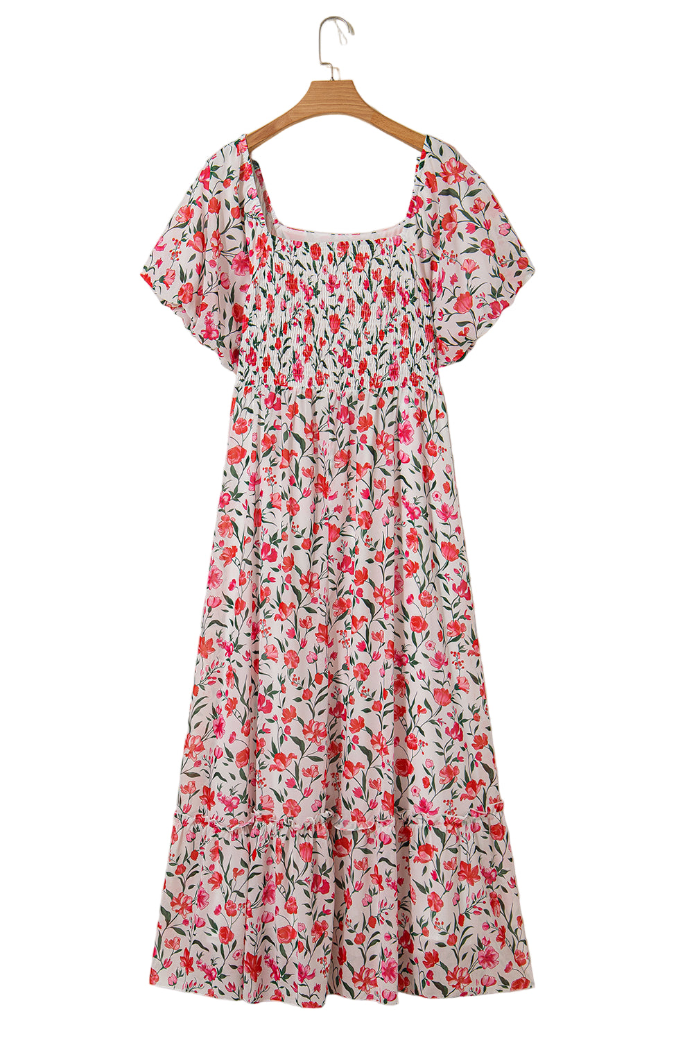 Pink Plus Size Floral Square Neck Puff Sleeve Ruffle Maxi Dress
