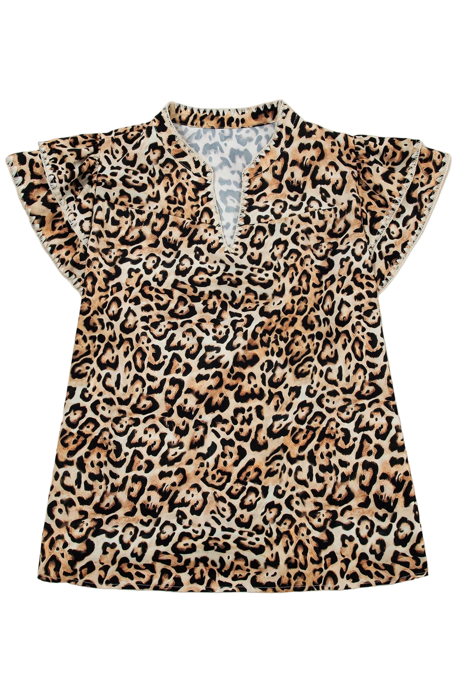 Khaki Plus Size Leopard Print Stitch Detail Ruffled Short Sleeve Blouse