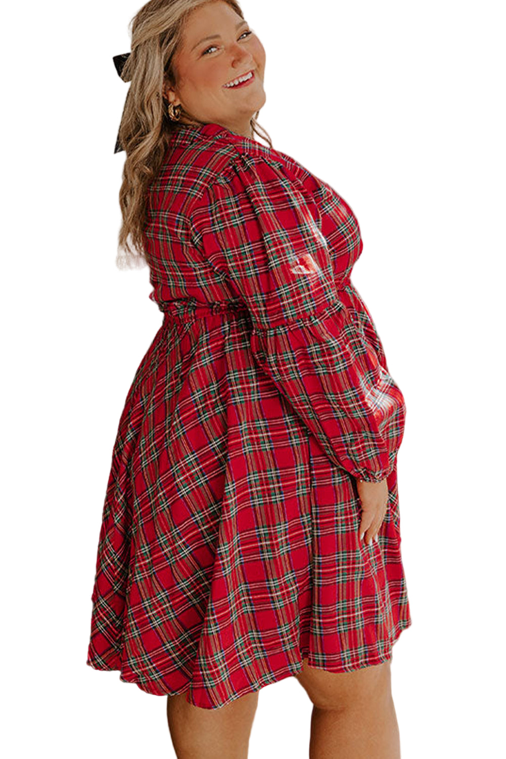 Red Plus Size Plaid Half Button Long Sleeve Holiday Dress