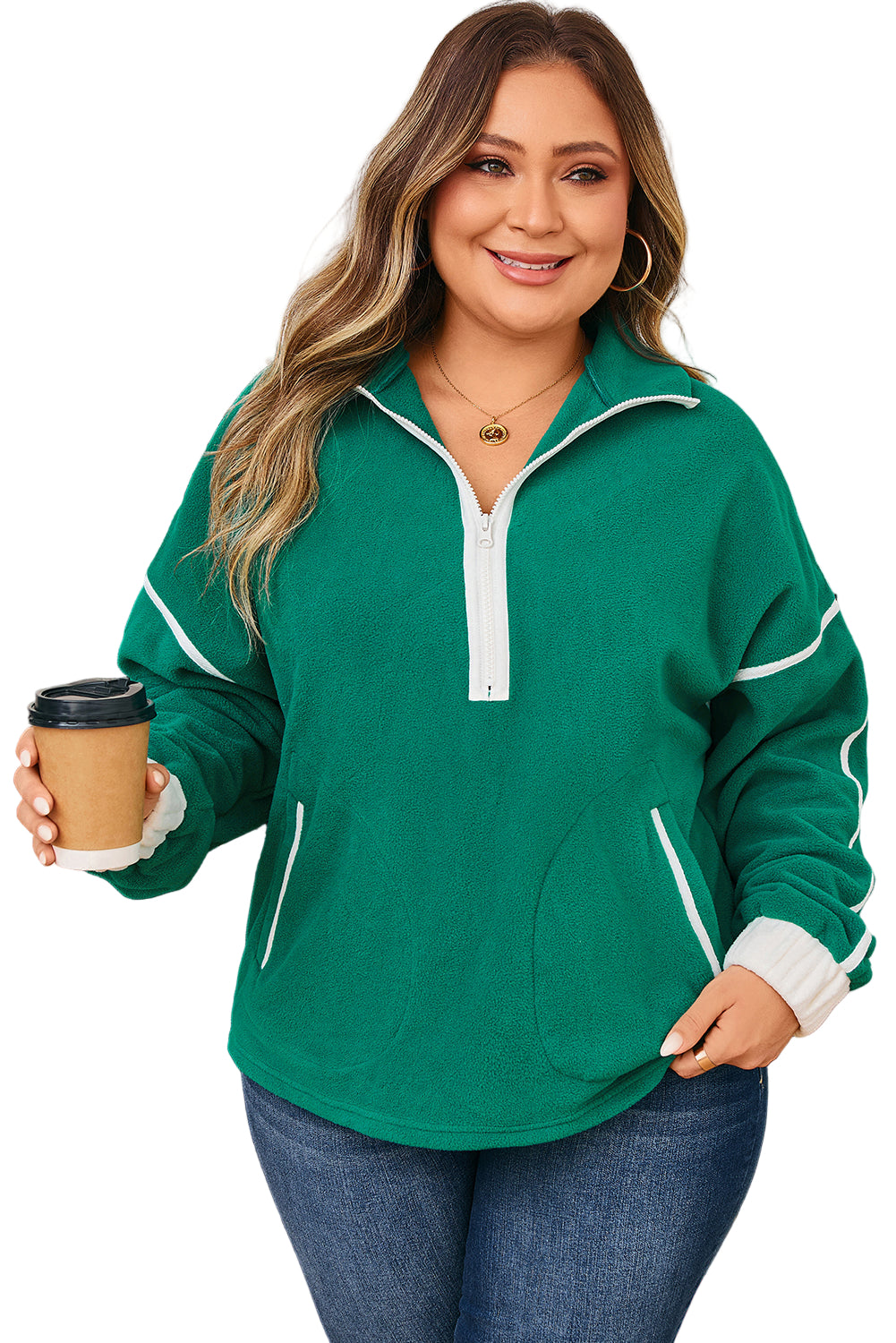 Dark Green Half Zip Contrast Trim Pocketed Plus Size Fleece Sweatshirt