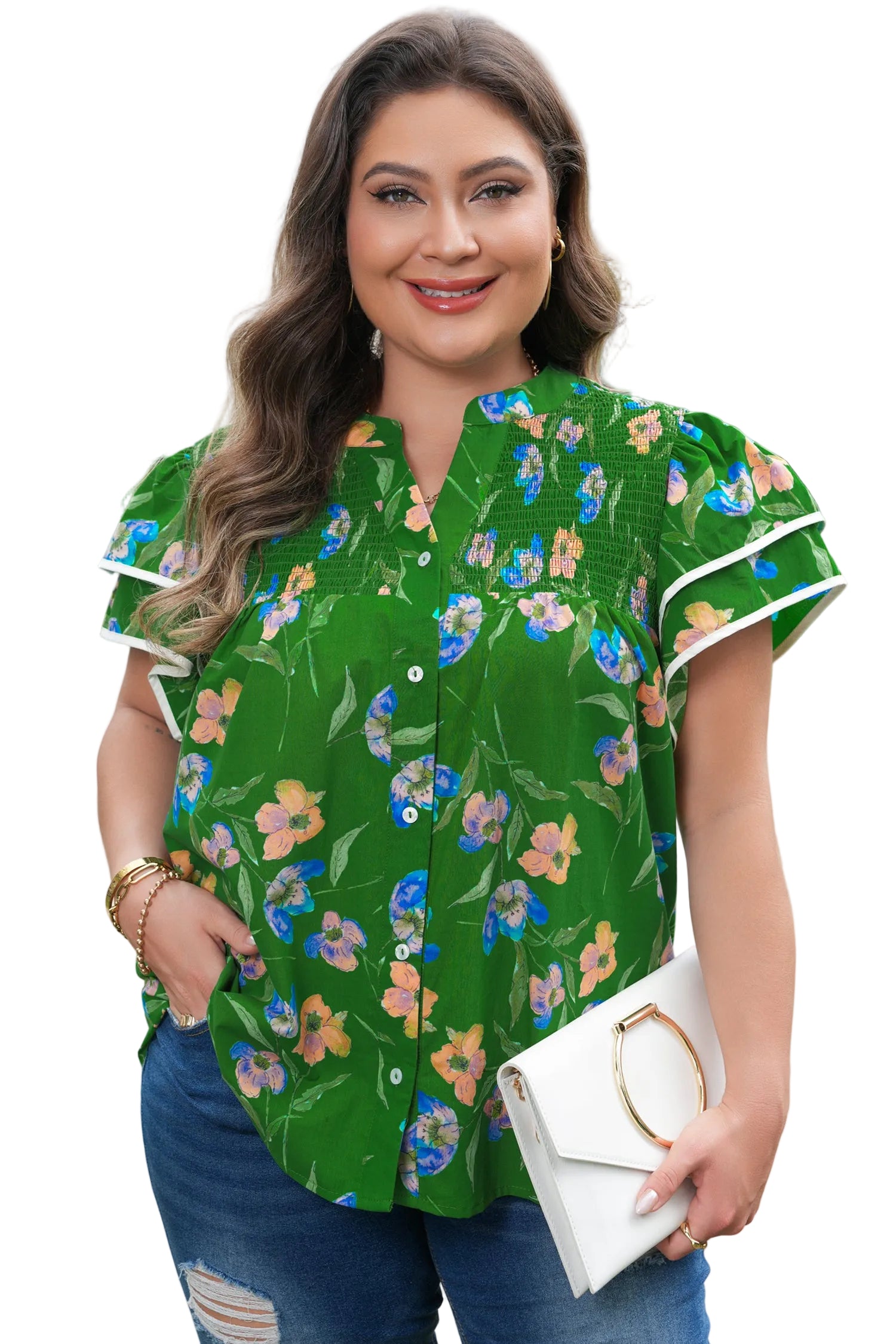 Green Plus Size Ruffled Short Sleeve Floral Top