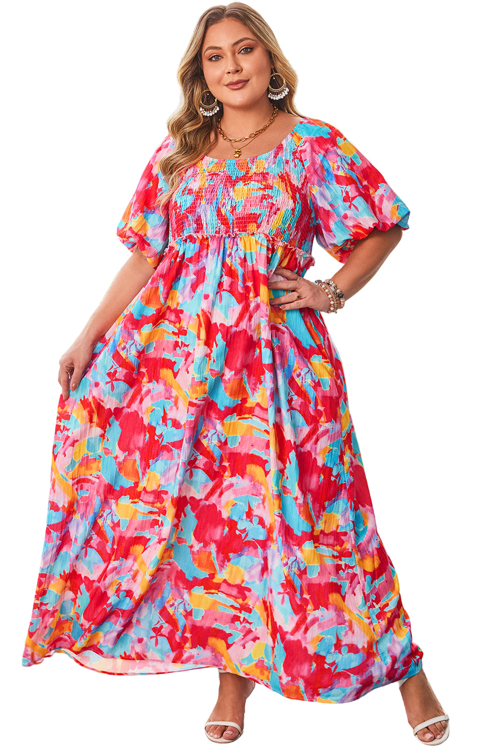 Rose Abstract Printed Puff Sleeve Square Neck Smocked Bust Tied Back Plus Size Dress