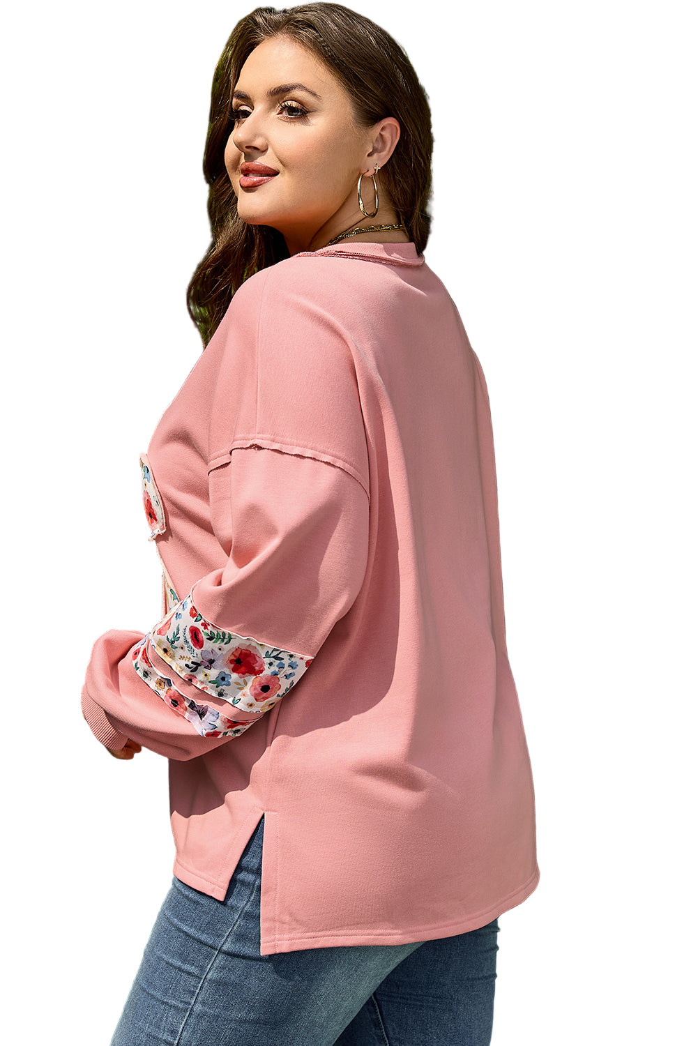 Peach Blossom Plus Size Floral Applique Drop Shoulder Sweatshirt