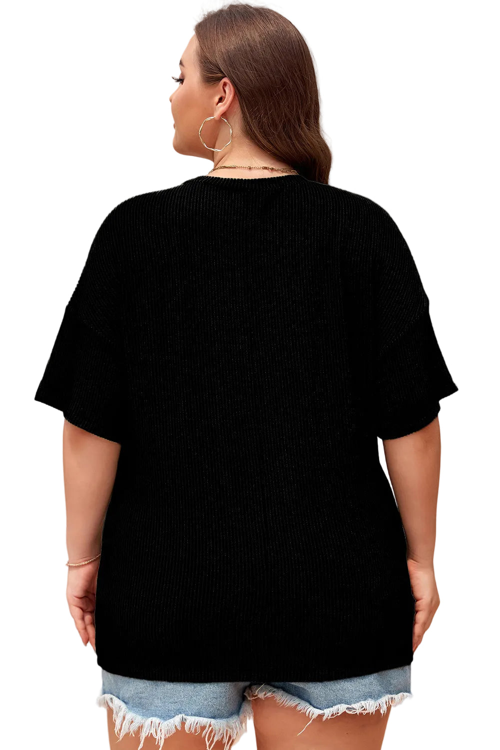 Black Textured V-Neck Dropped Shoulder Plus T-Shirt