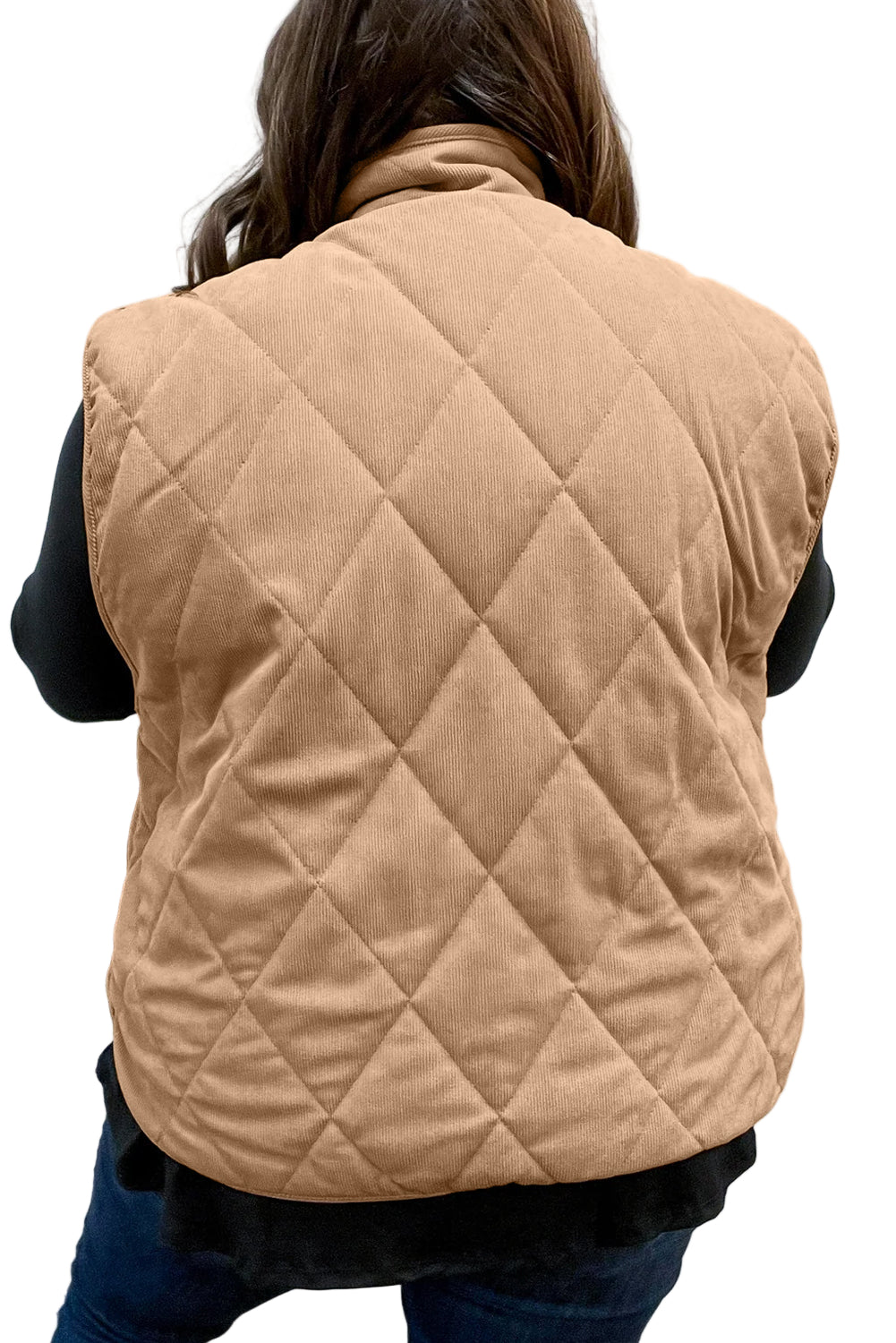 Camel Plus Size Quilted Cord Snap Button Vest Jacket