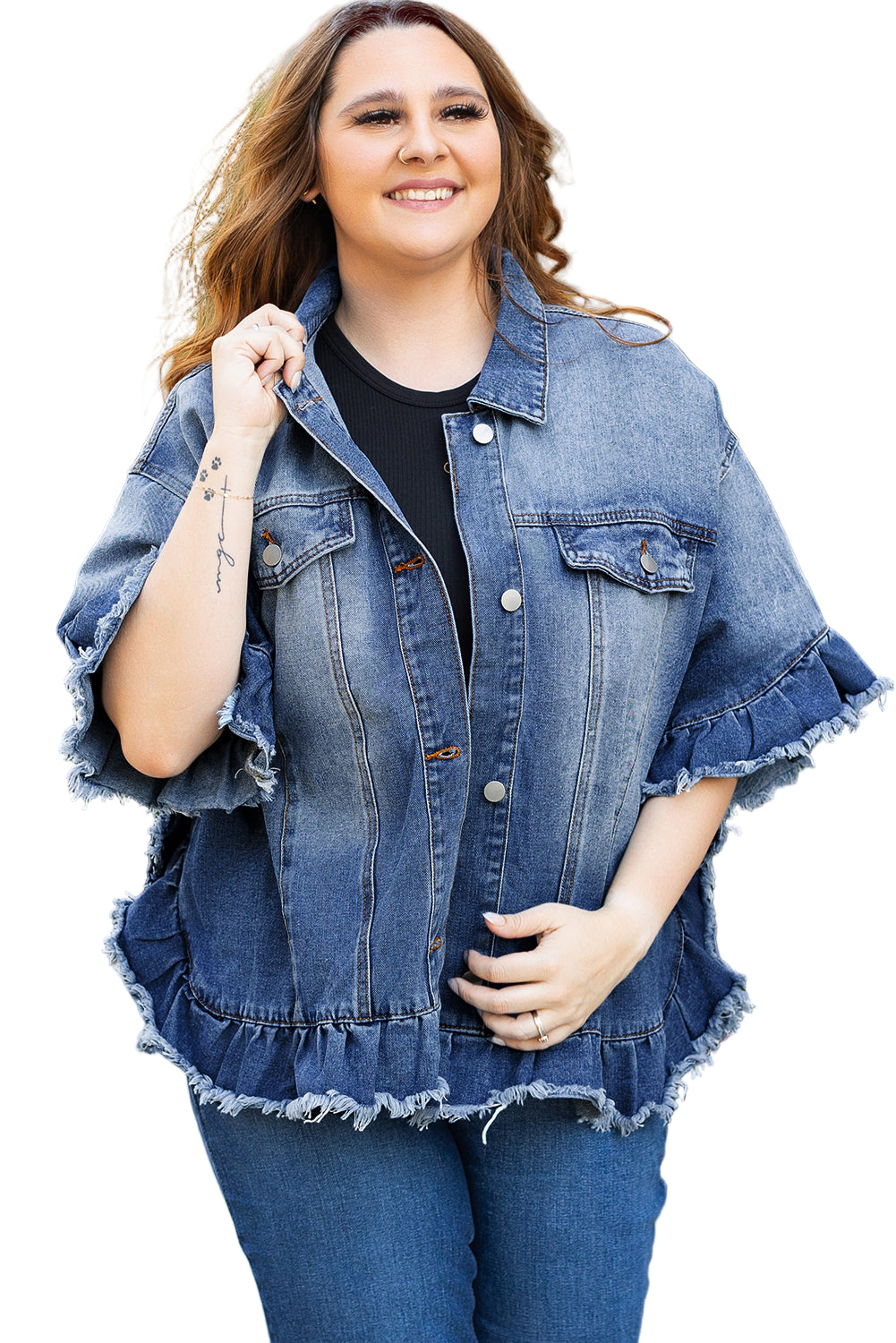 Peacock Blue Ruffled Frayed Short Sleeve Plus Size Denim Jacket