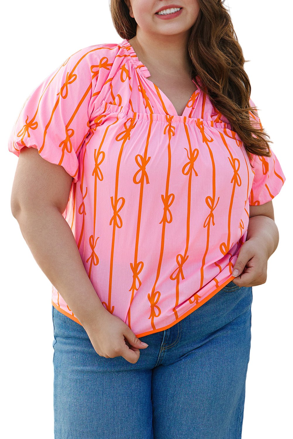 Rose Bowknot Print Shirred V Neck Puff Sleeve Plus Size Blouse