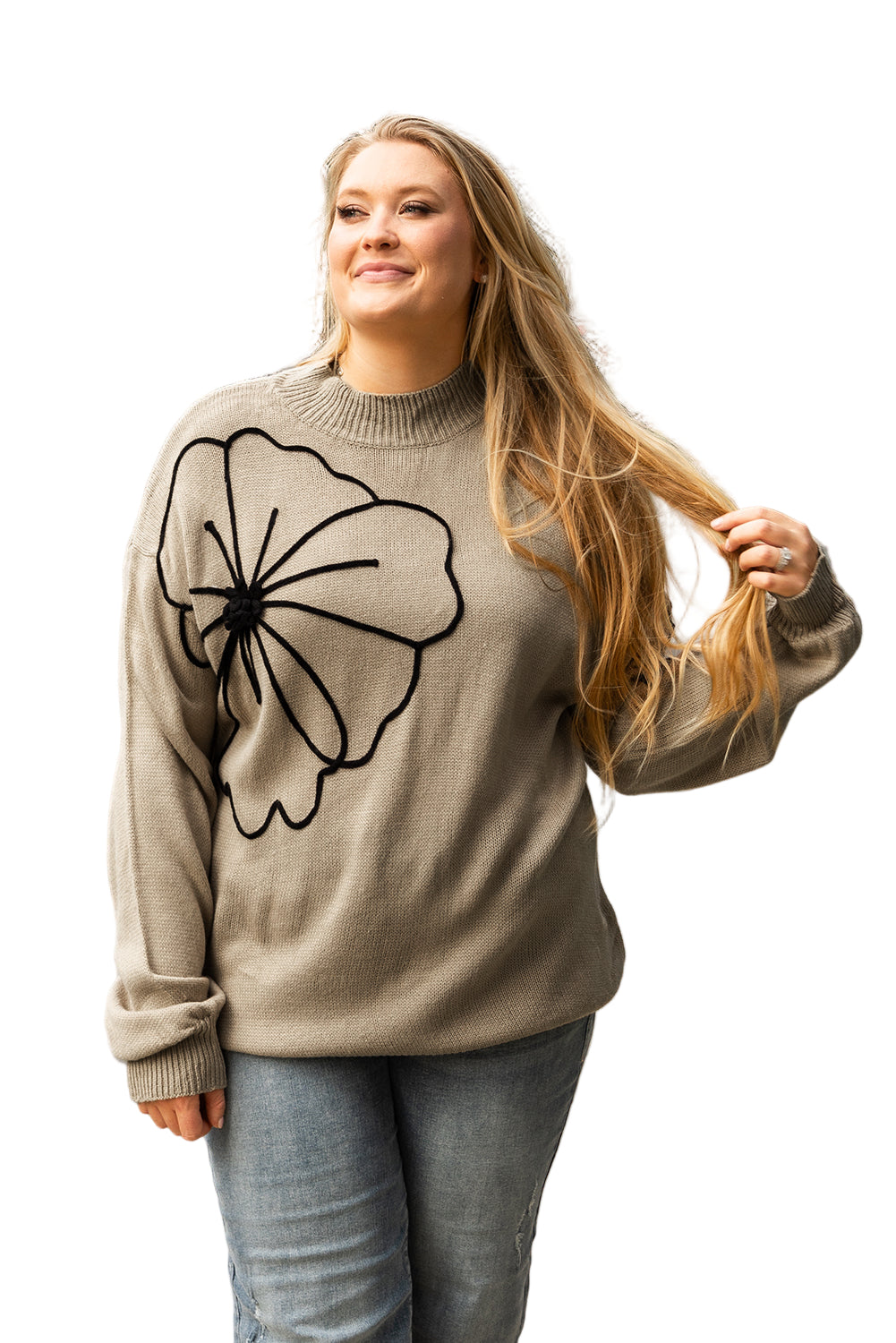 Dark Khaki Plus Size Big Flower Pattern High Neck Drop Shoulder Sweater