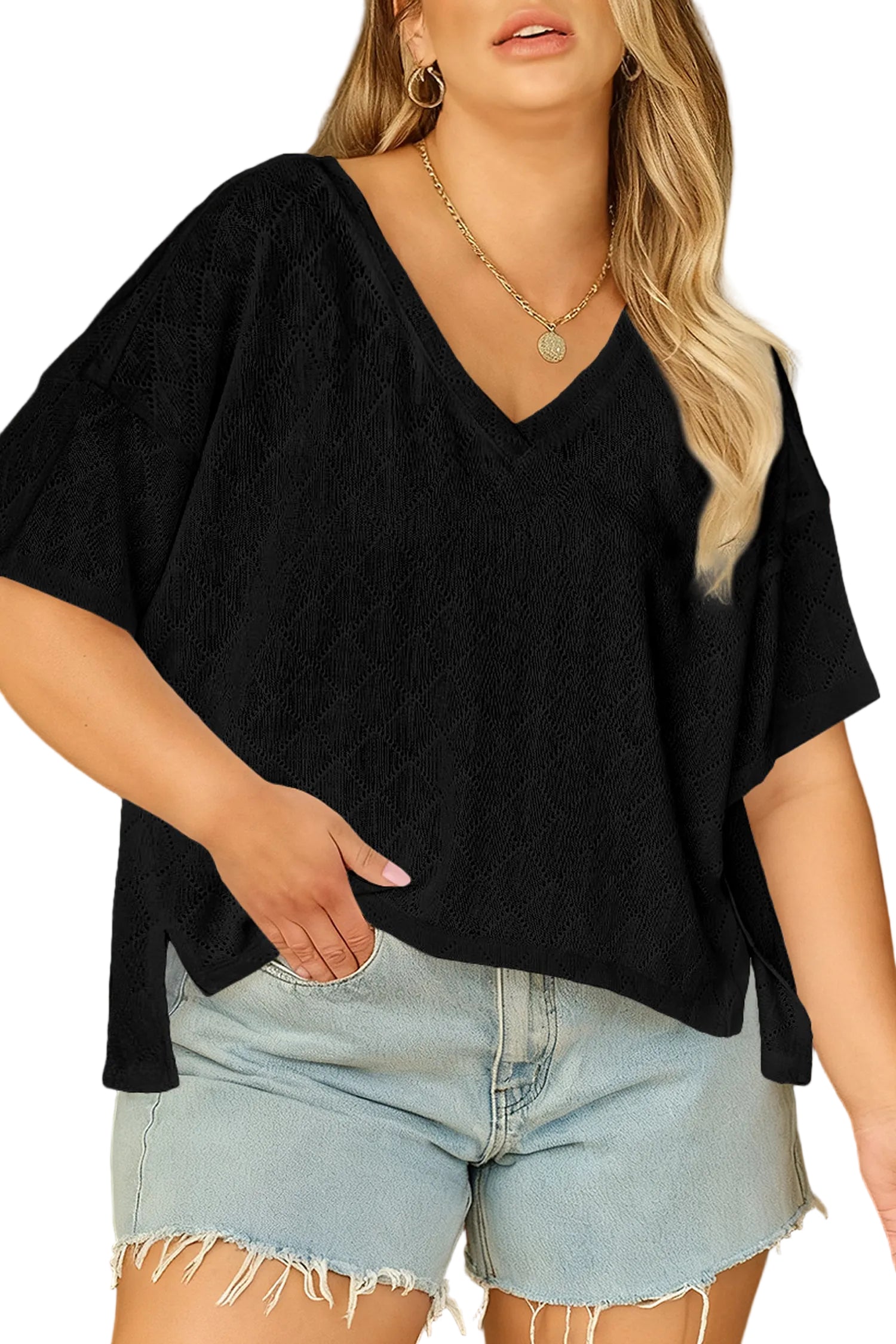 Light Pink Pointelle Rhombus Knit Plus Size V Neck Loose Top