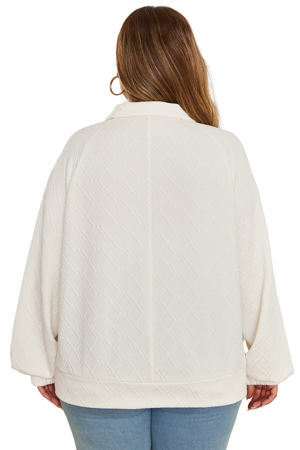 Beige Plus Size Rhombus Texture Contrast Striped Collar Baggy Sweatshirt