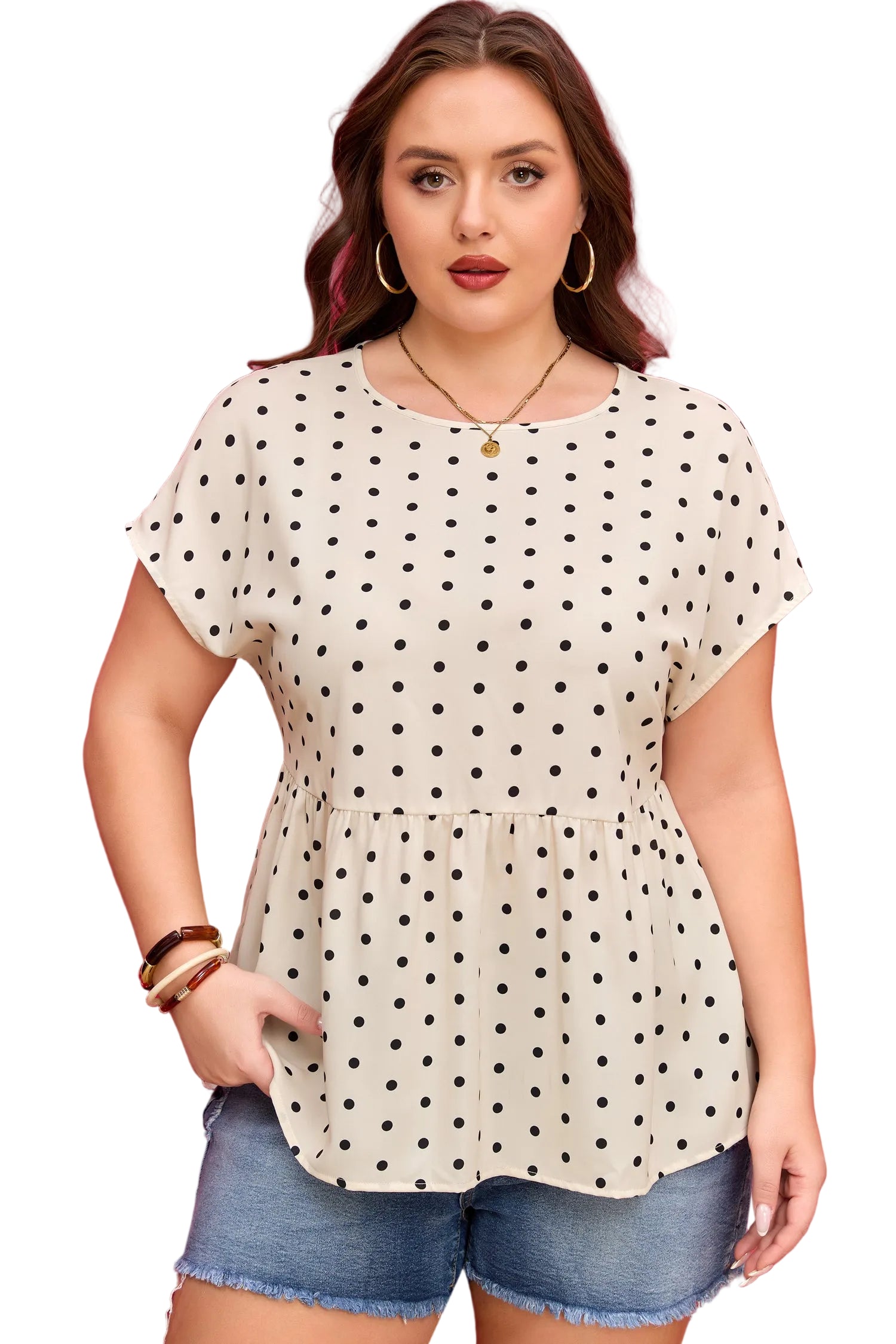 Apricot Plus Size Polka Dot Print Button Detail Short Sleeve Babydoll Blouse