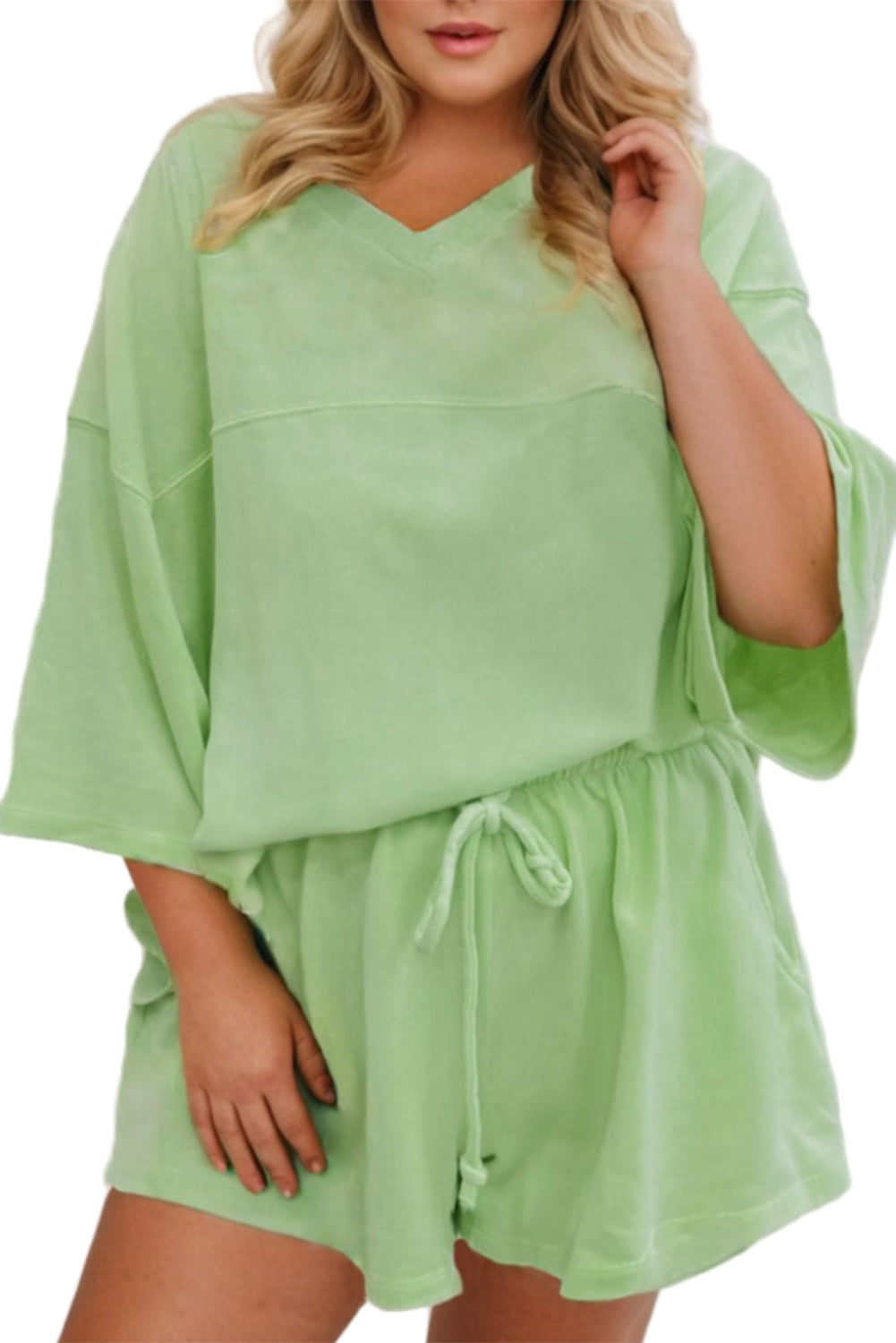 Meadow Mist Green Plus Size V Neck Drop Shoulder Tee Loose Shorts 2pcs Outfit