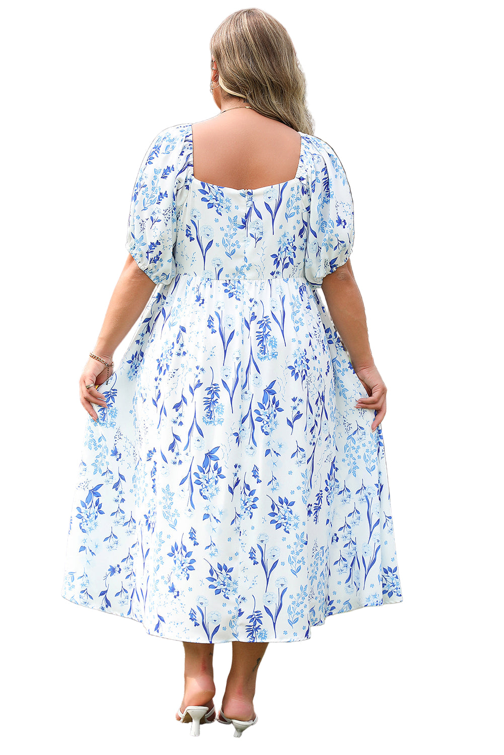 Sky Blue Floral Print Sweetheart Neck Plus Size Midi Dress