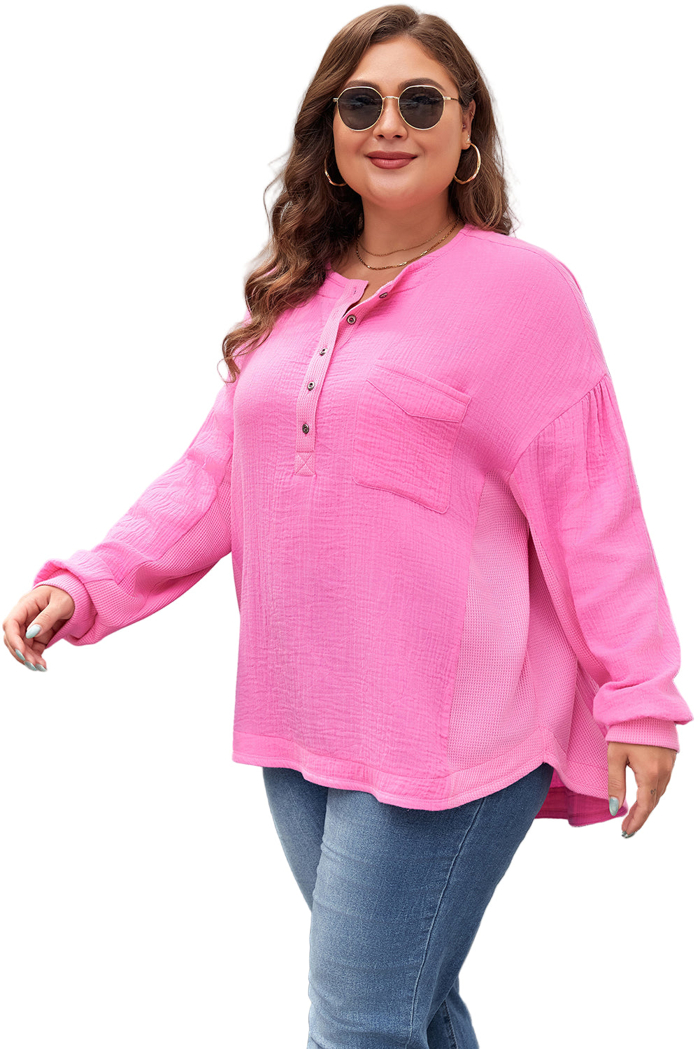 Bonbon Chest Pocket Crinkle Drop Sleeve Plus Size Henley Top