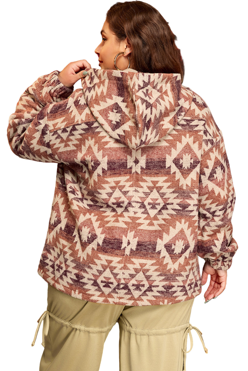 Red Plus Size Western Fashion Aztec Patterned Half Zip High Neck Hoodie