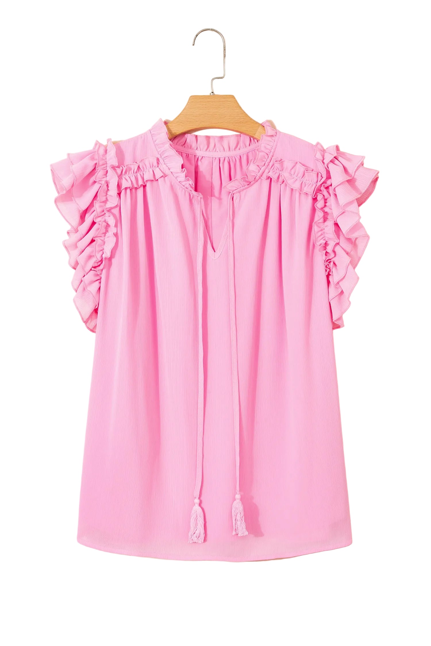 Bonbon Plus Size Textured Tassel Tie V Neck Ruffle Short Sleeve Blouse
