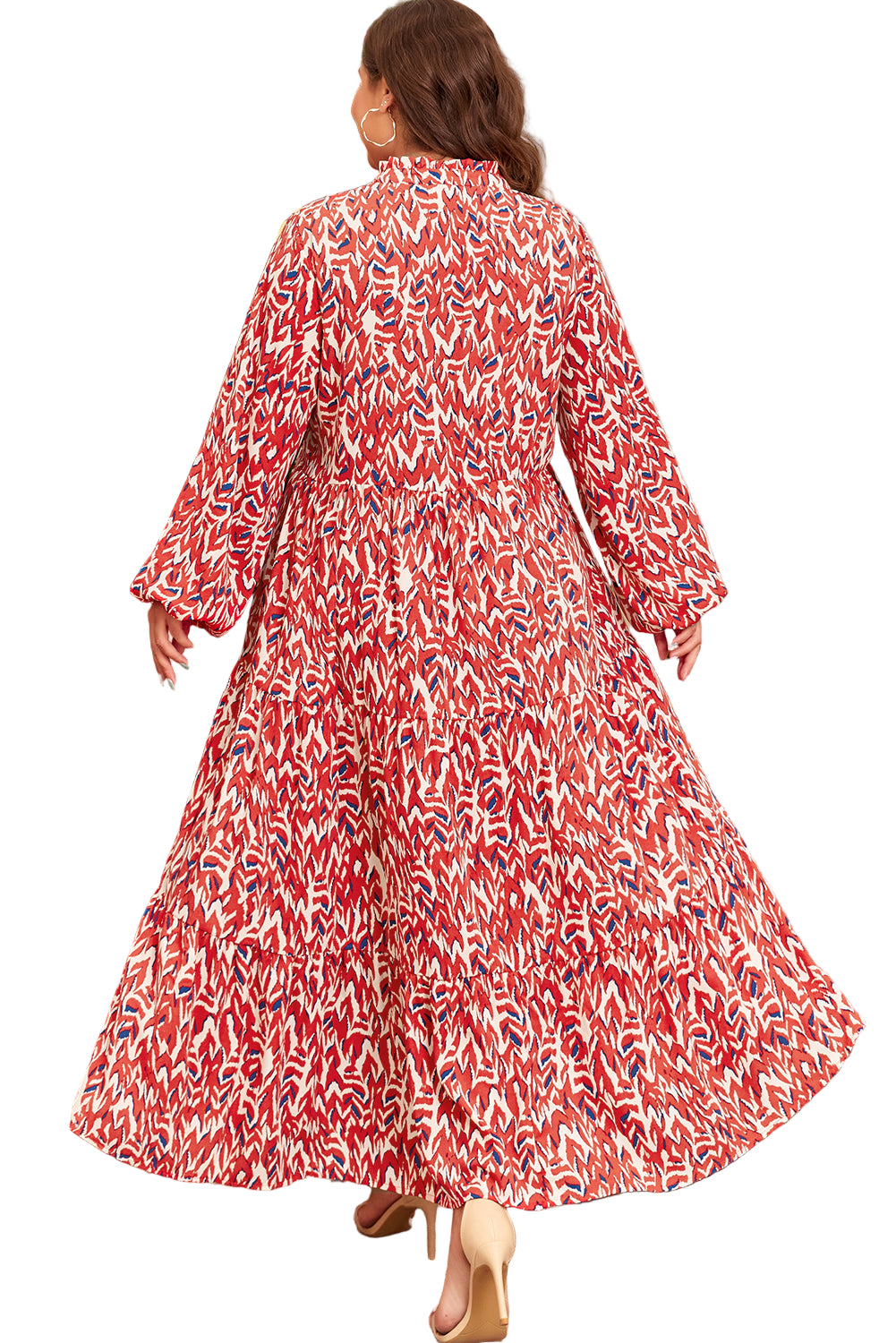 Red Plus Size Abstract Print Notch V Neck High Waist Maxi Dress