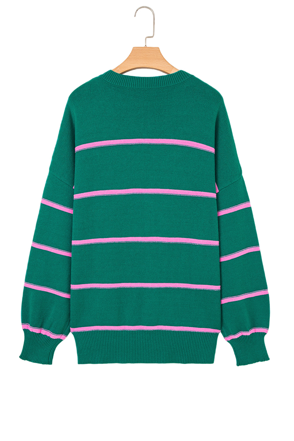 Green Stripe Half Buttons Drop Shoulder Plus Size Sweater