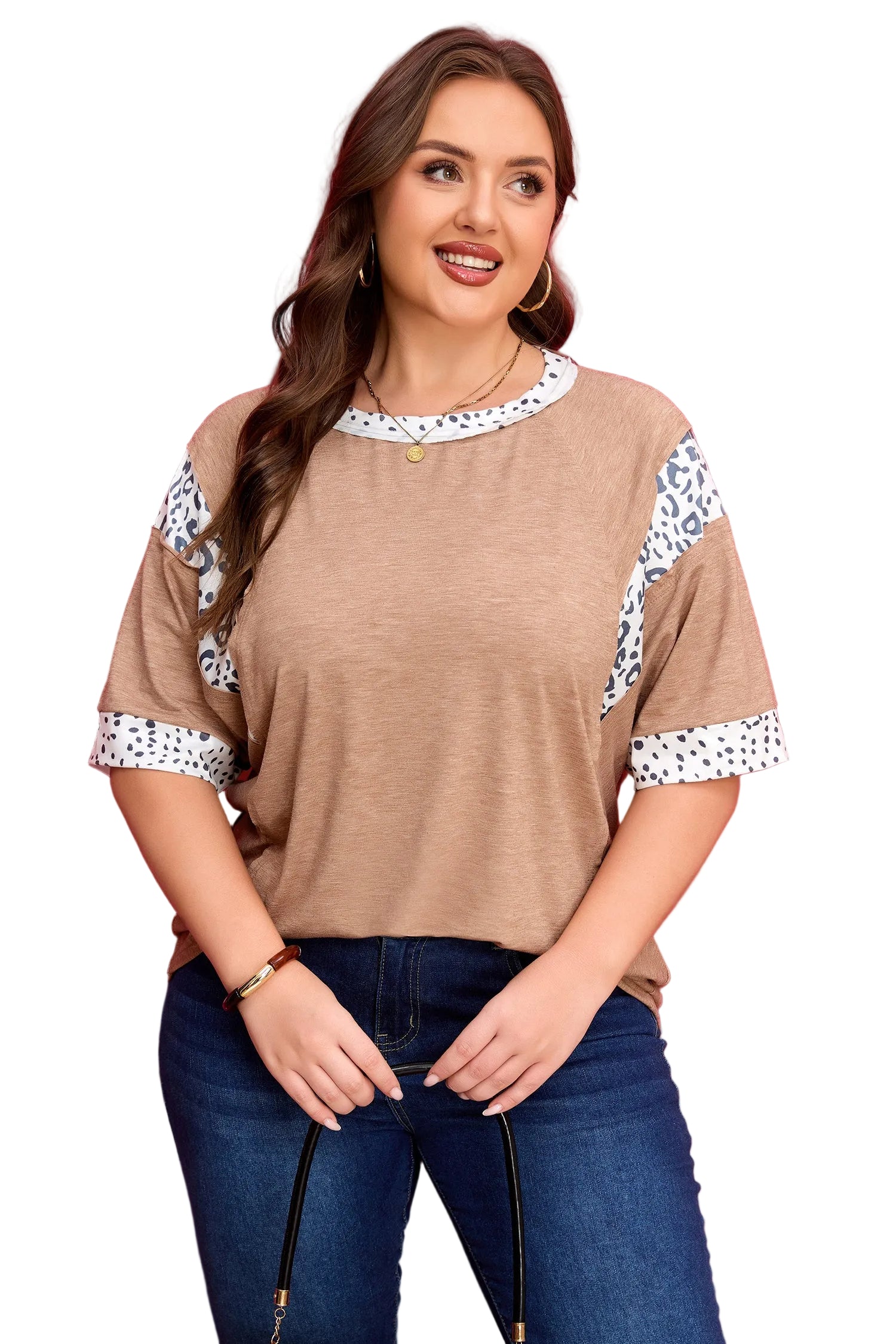 Chestnut Animal Color Block Patchwork Plus Size Tee