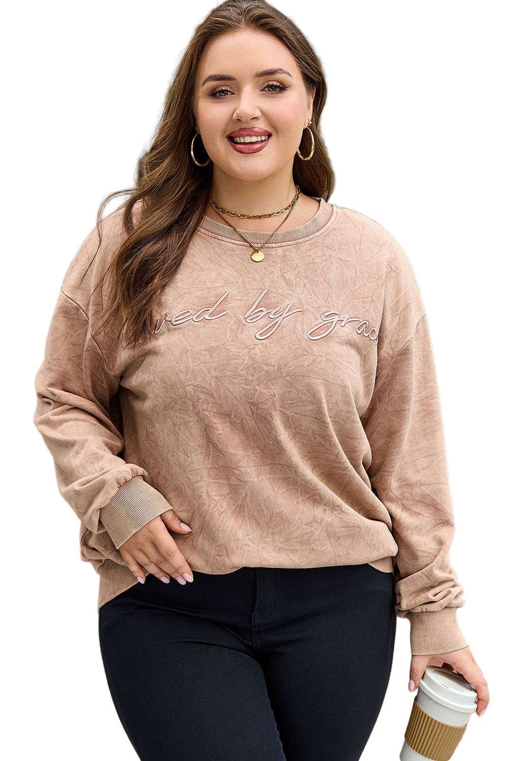 DUNE saved by grace Embroidered Mineral Wash Plus Size Sweatshirt