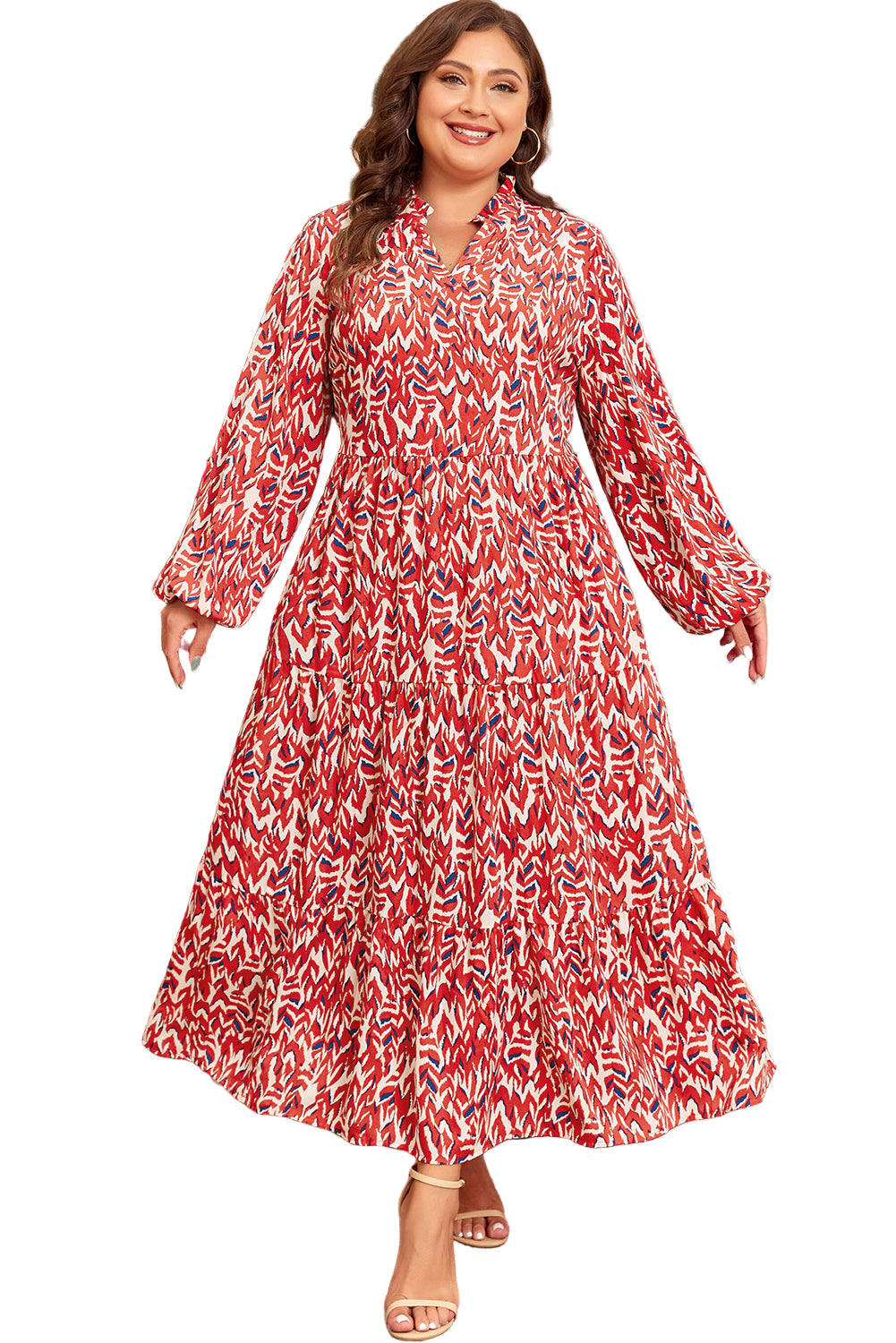 Red Plus Size Abstract Print Notch V Neck High Waist Maxi Dress