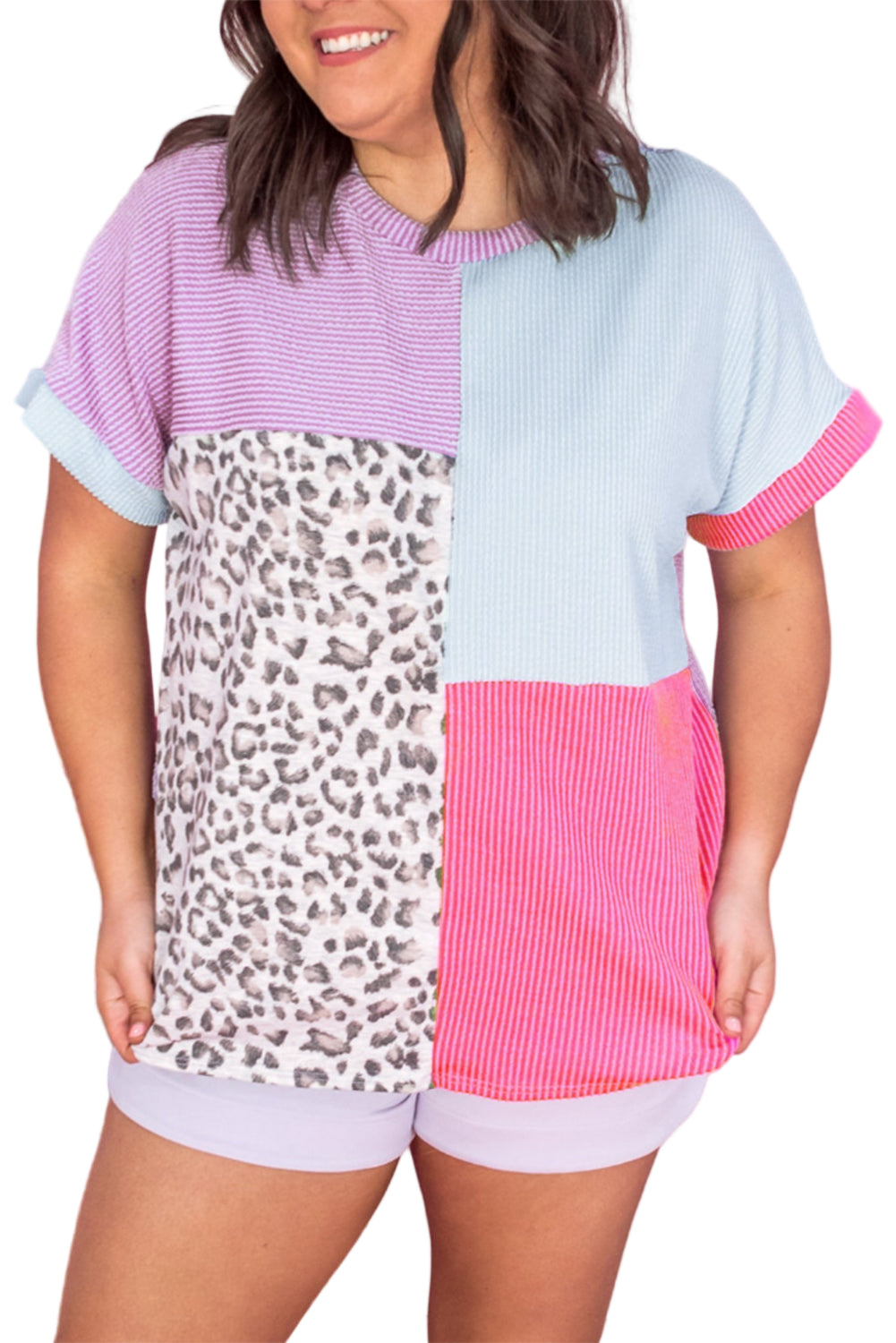 Rose Red Leopard Colorblock Patchwork Corded Plus Size T Shirt