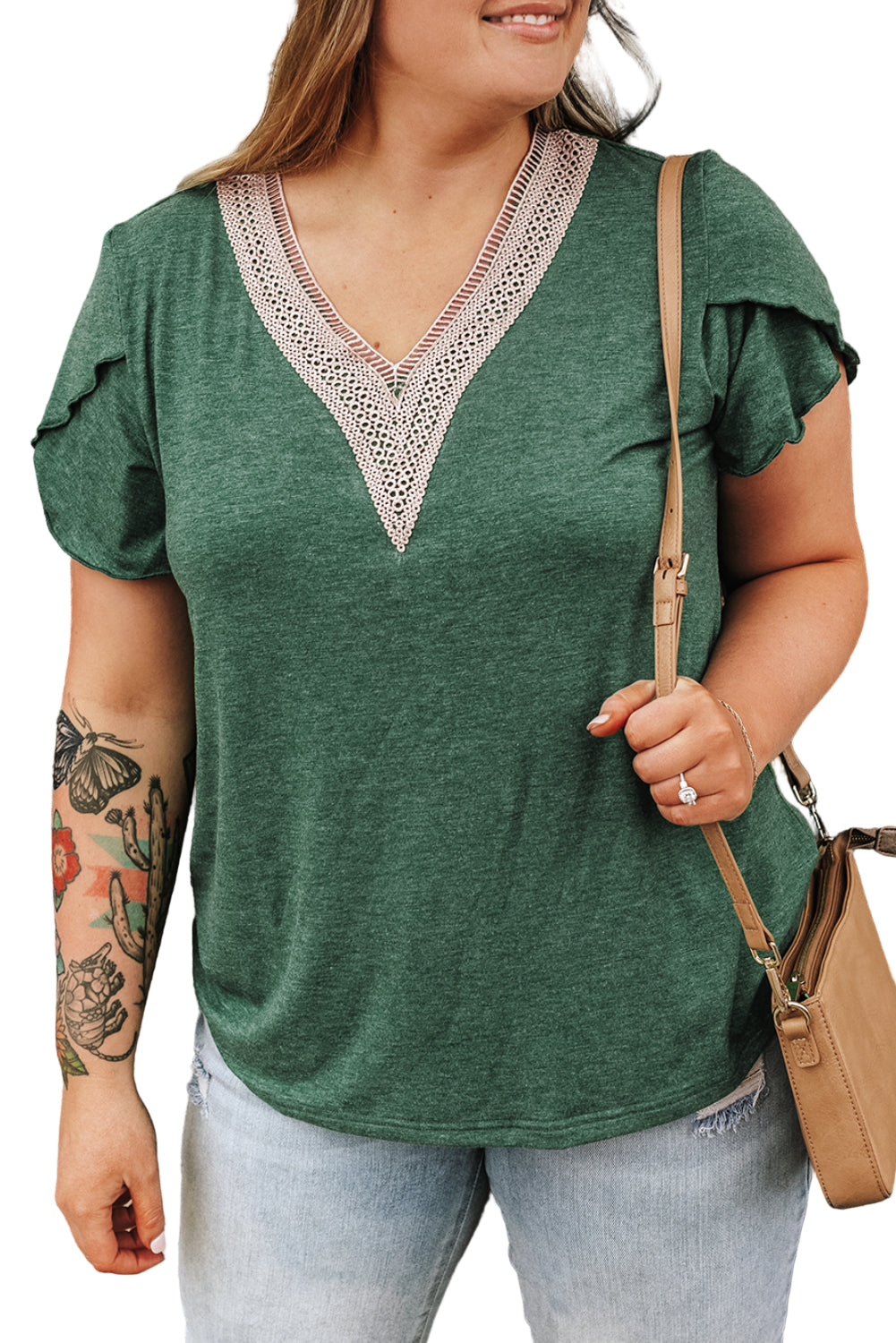 Blackish Green Plus Size Contrast V Neck Draped Sleeve Blouse