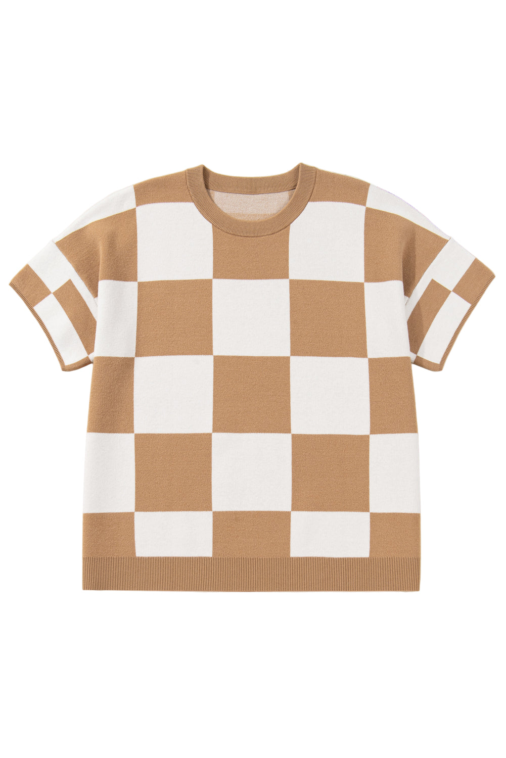 Light French Beige Plus Size Checkered Pattern Knit Short Sleeve Sweater