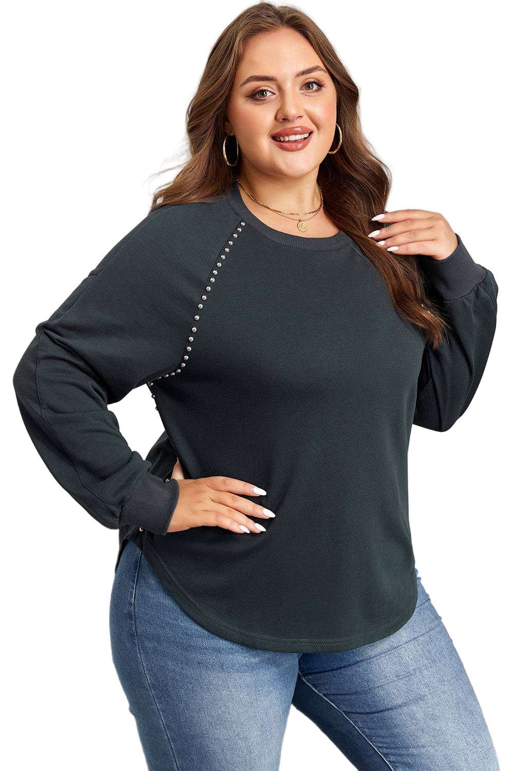 Black Studded Decor Ribbed Edge Mineral Wash Plus Size Jumper