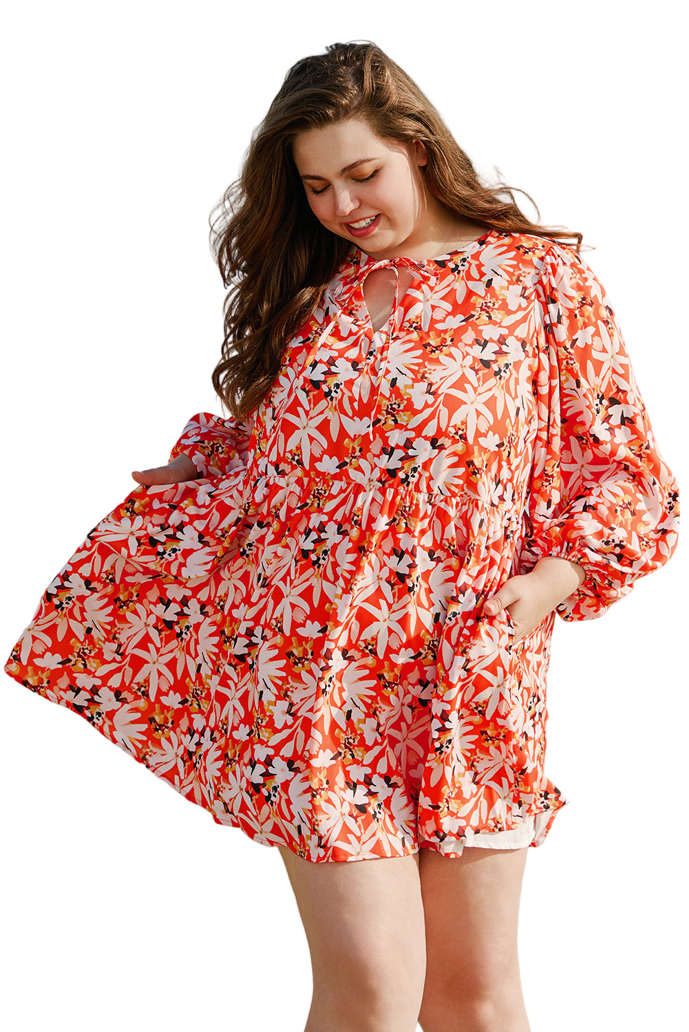 Orange Floral Print Split V Neck Bubble Sleeve Plus Size Midi Dress