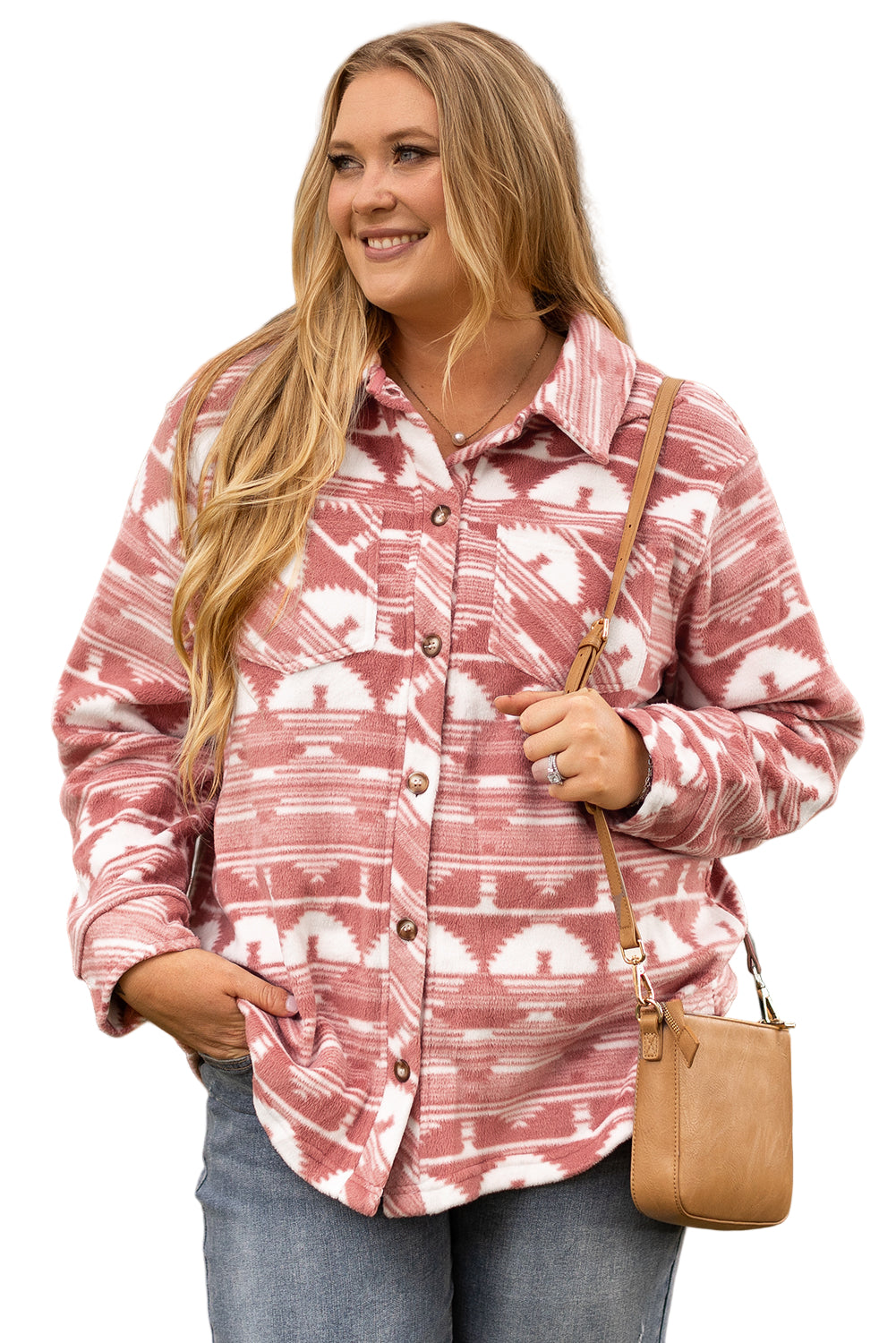 Pink Plus Size Aztec Print Chest Pocket Shacket