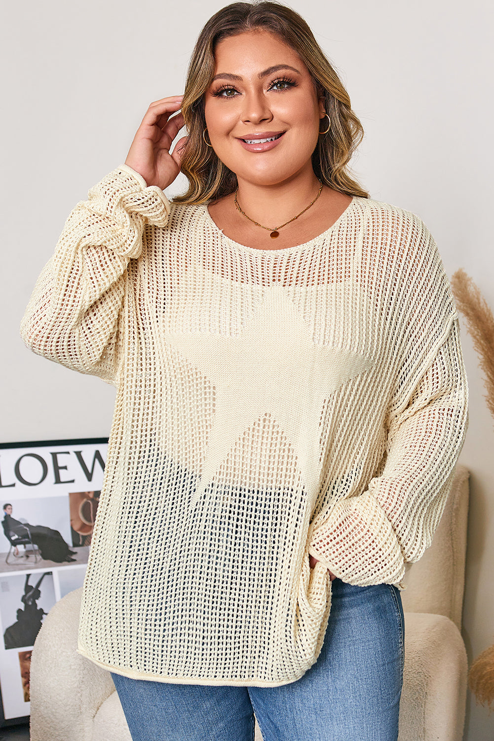 Parchment Hollow Out Knit Star Pattern Accent Plus Size Jumper