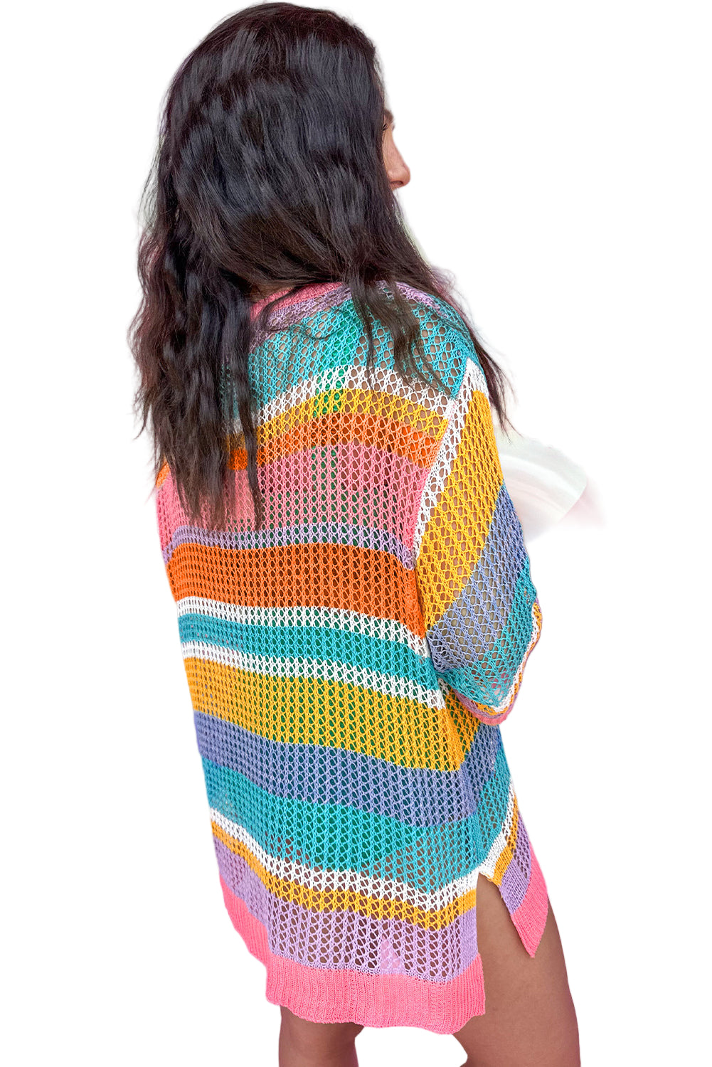 Pink Stripe Plus Size Open Knit Patch Pocket Short Sleeve Sweater