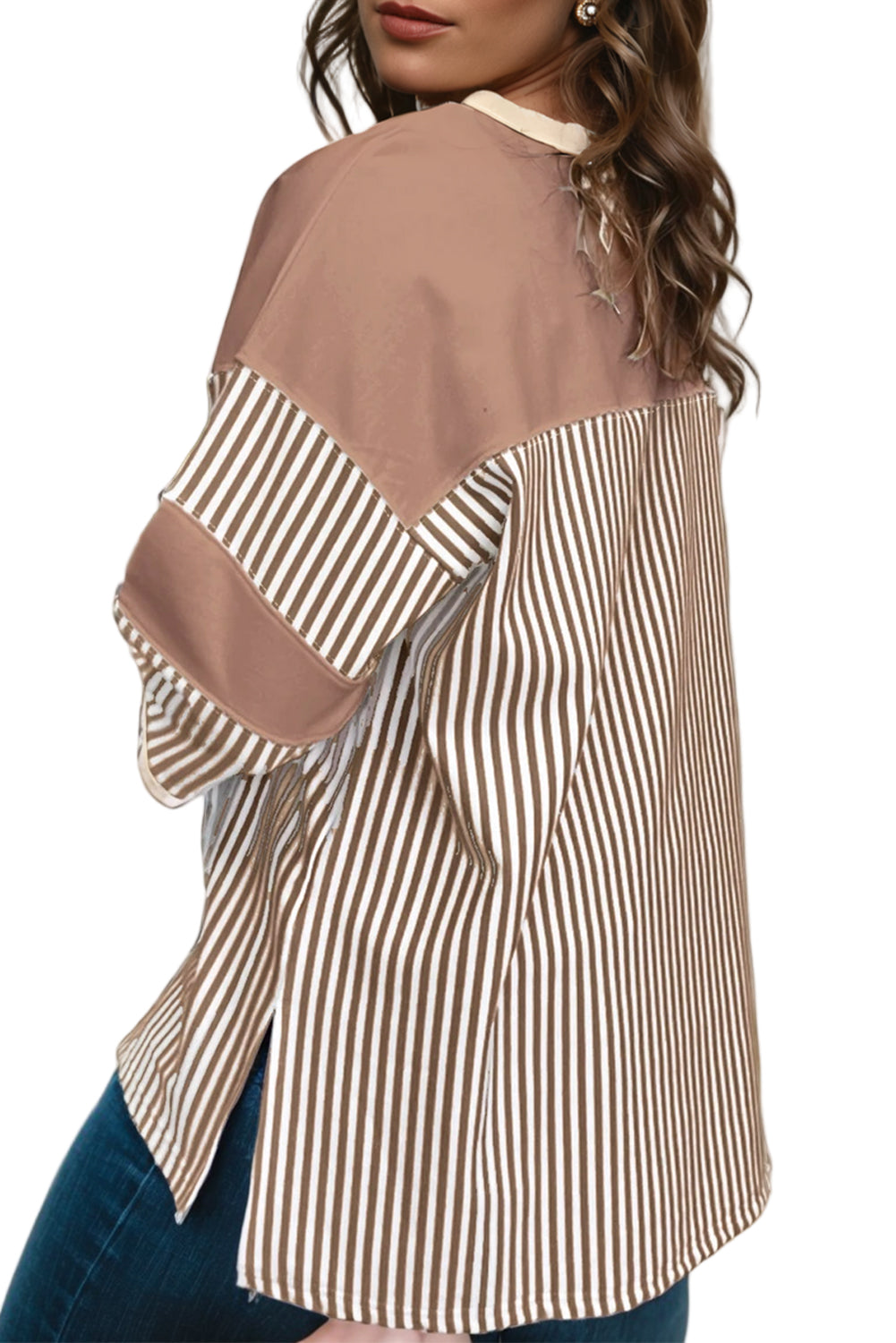 Khaki Stripe Patchwork Bracelet Sleeve Plus Size T Shirt