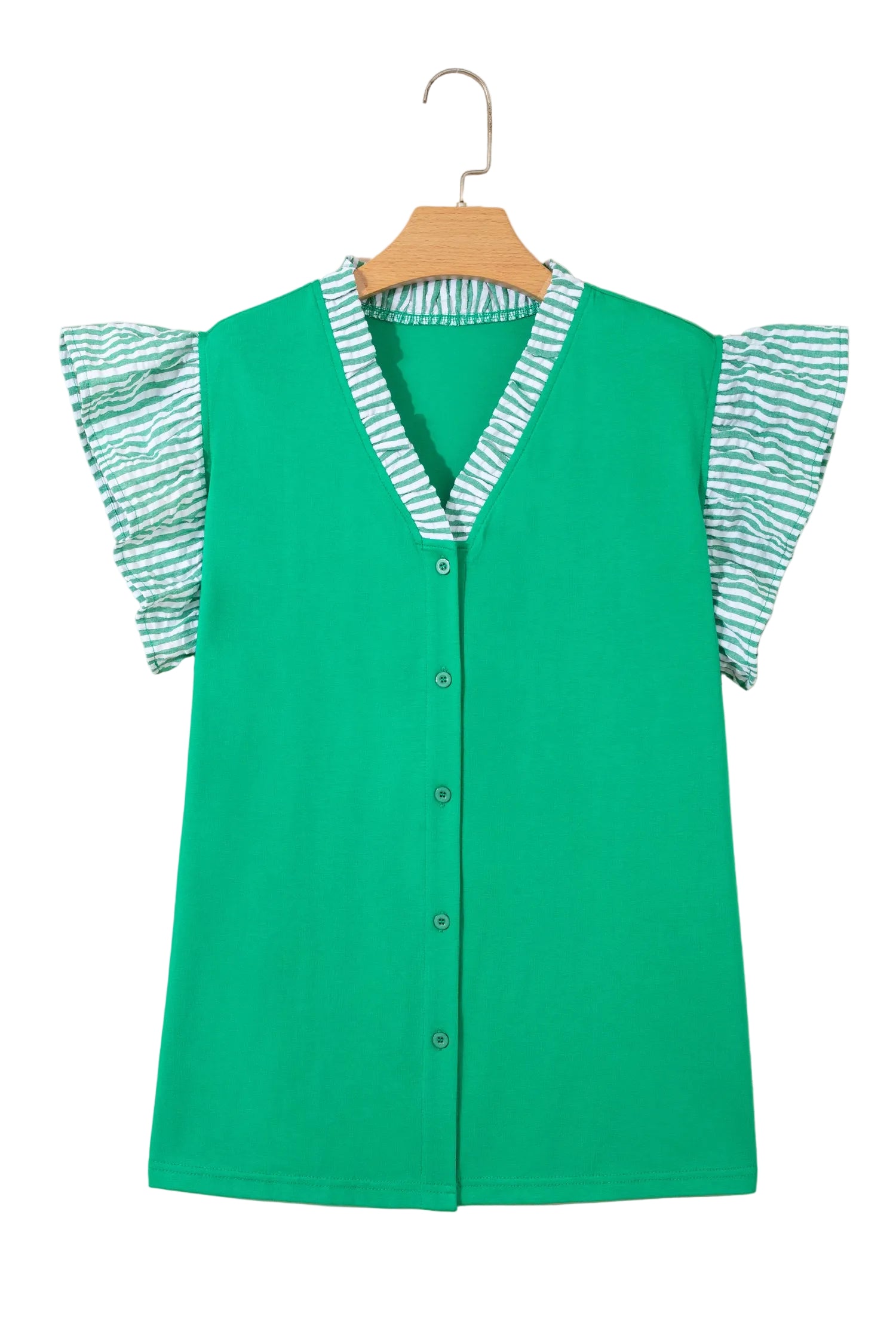 Dark Green Plus Size Button Front Ruffled Stripe Trim V Neck Flutter Sleeve Blouse