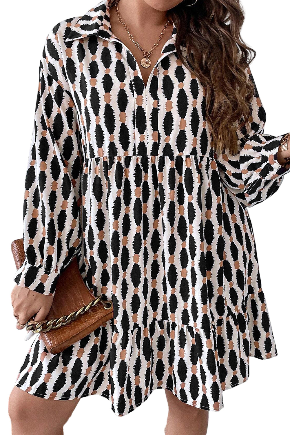Apricot Geometric Print Collared V Neck Plus Size Mini Dress