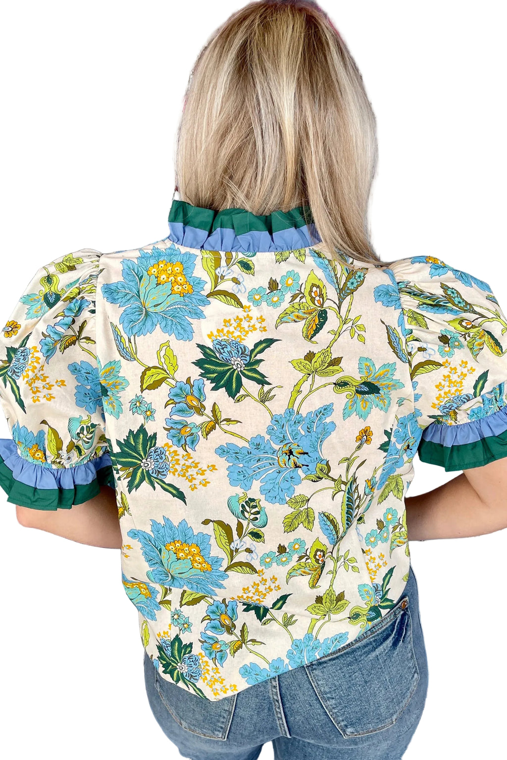 Sky Blue Plus Size Frilled V Neck Short Sleeve Floral Blouse
