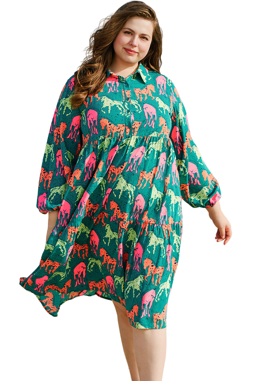 Green Horse Printed Long Sleeve Collared Buttoned Plus Size Midi Dress